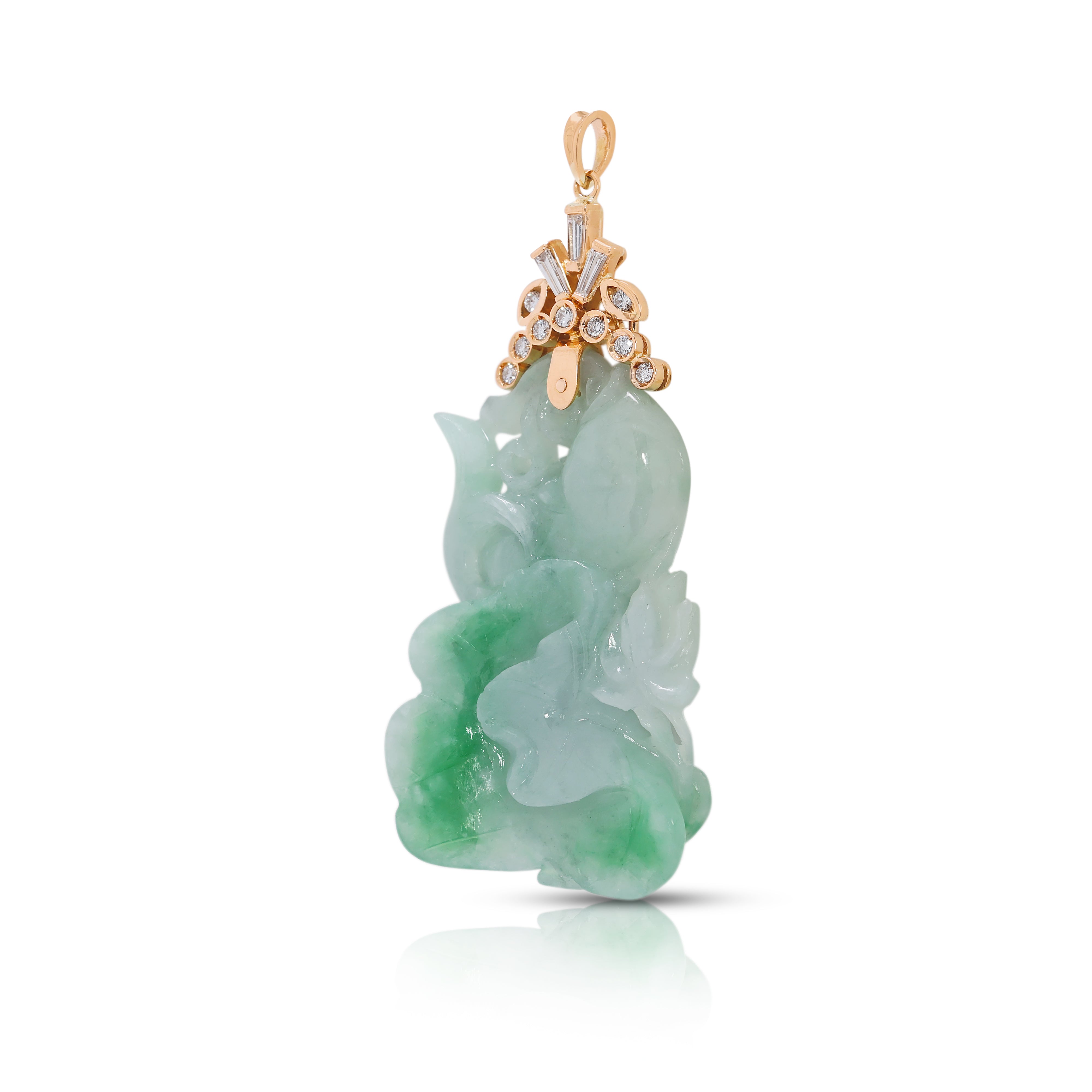 Striking 0.21ct Natural Diamond & Carved Jade Pendant in 20K Yellow Gold