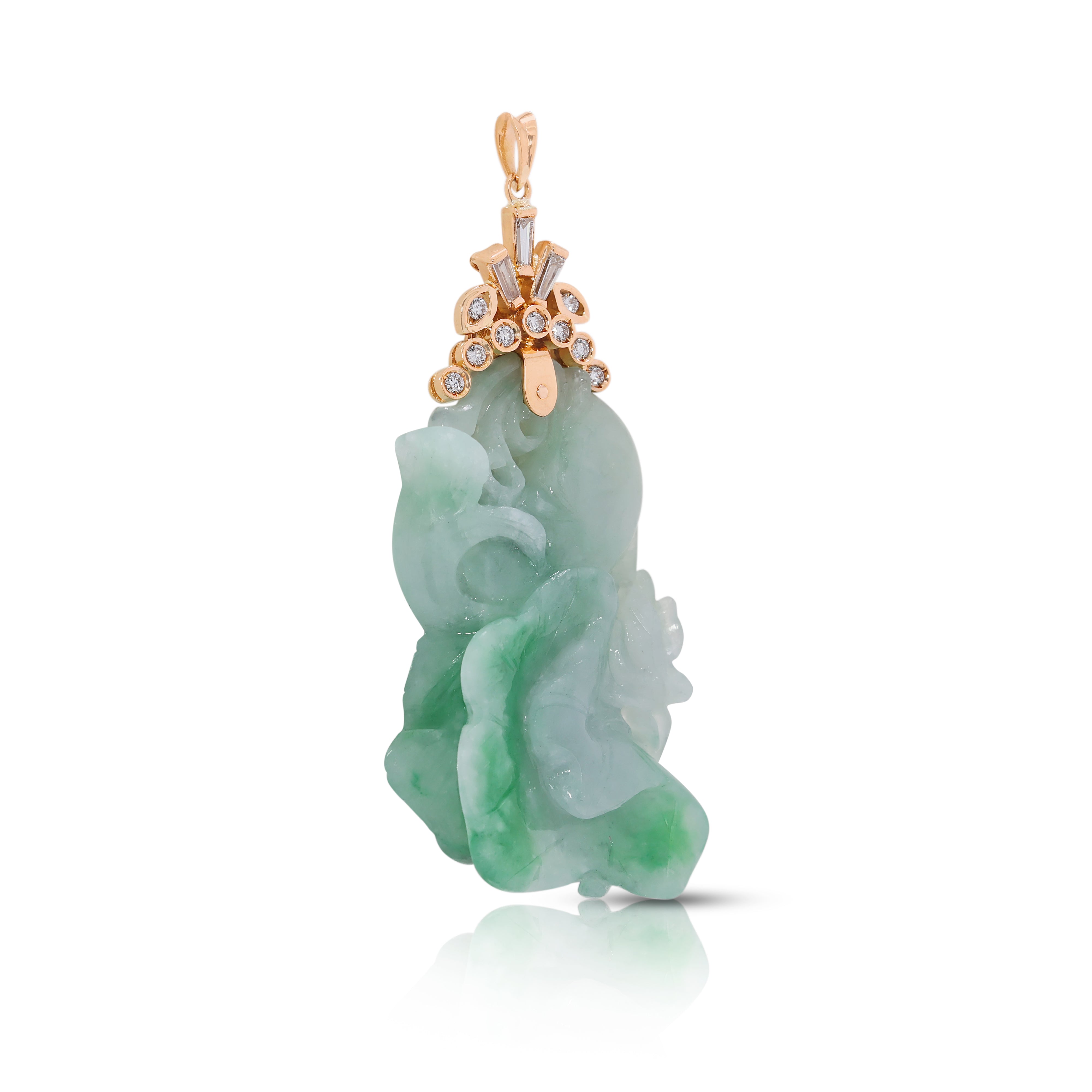 Striking 0.21ct Natural Diamond & Carved Jade Pendant in 20K Yellow Gold