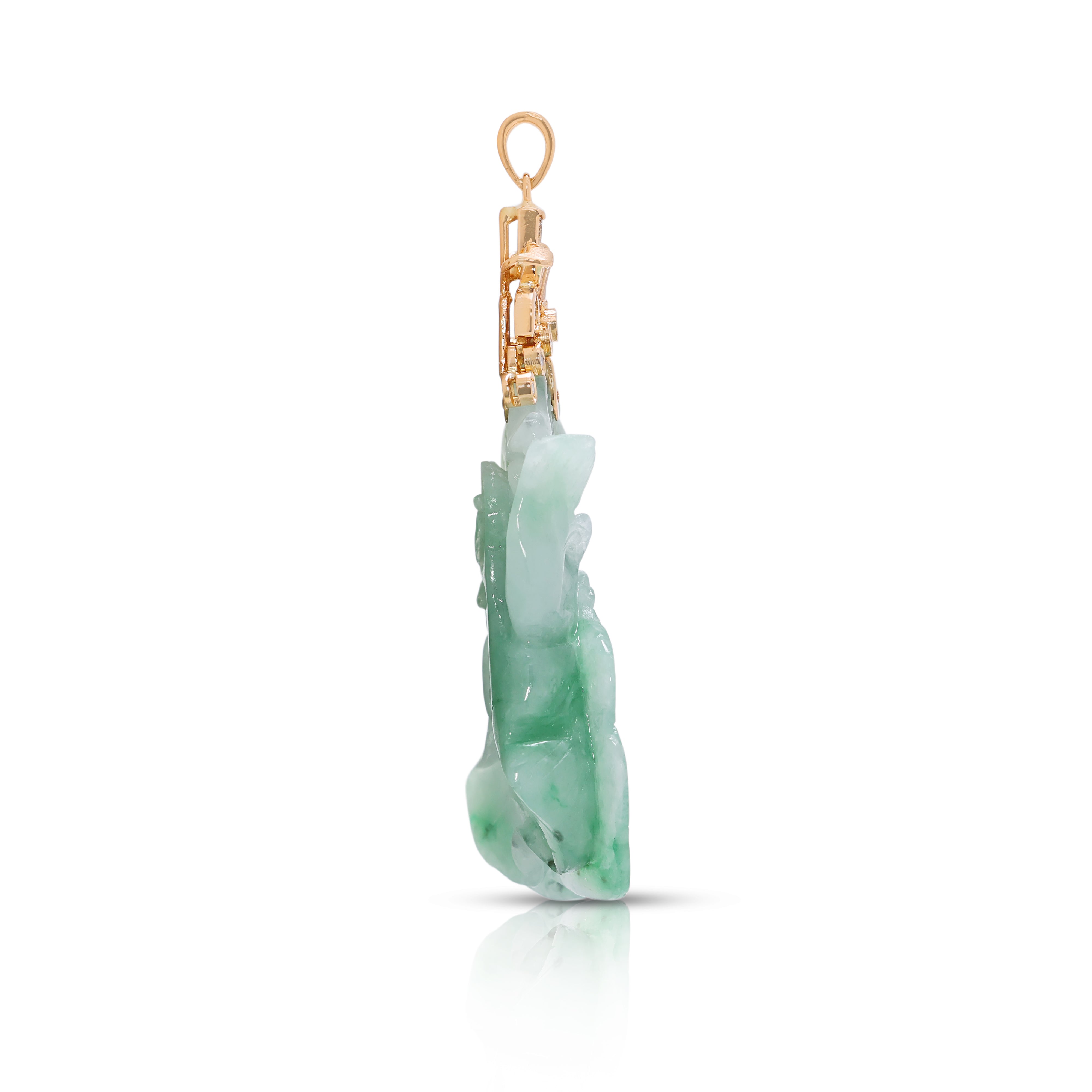 Striking 0.21ct Natural Diamond & Carved Jade Pendant in 20K Yellow Gold