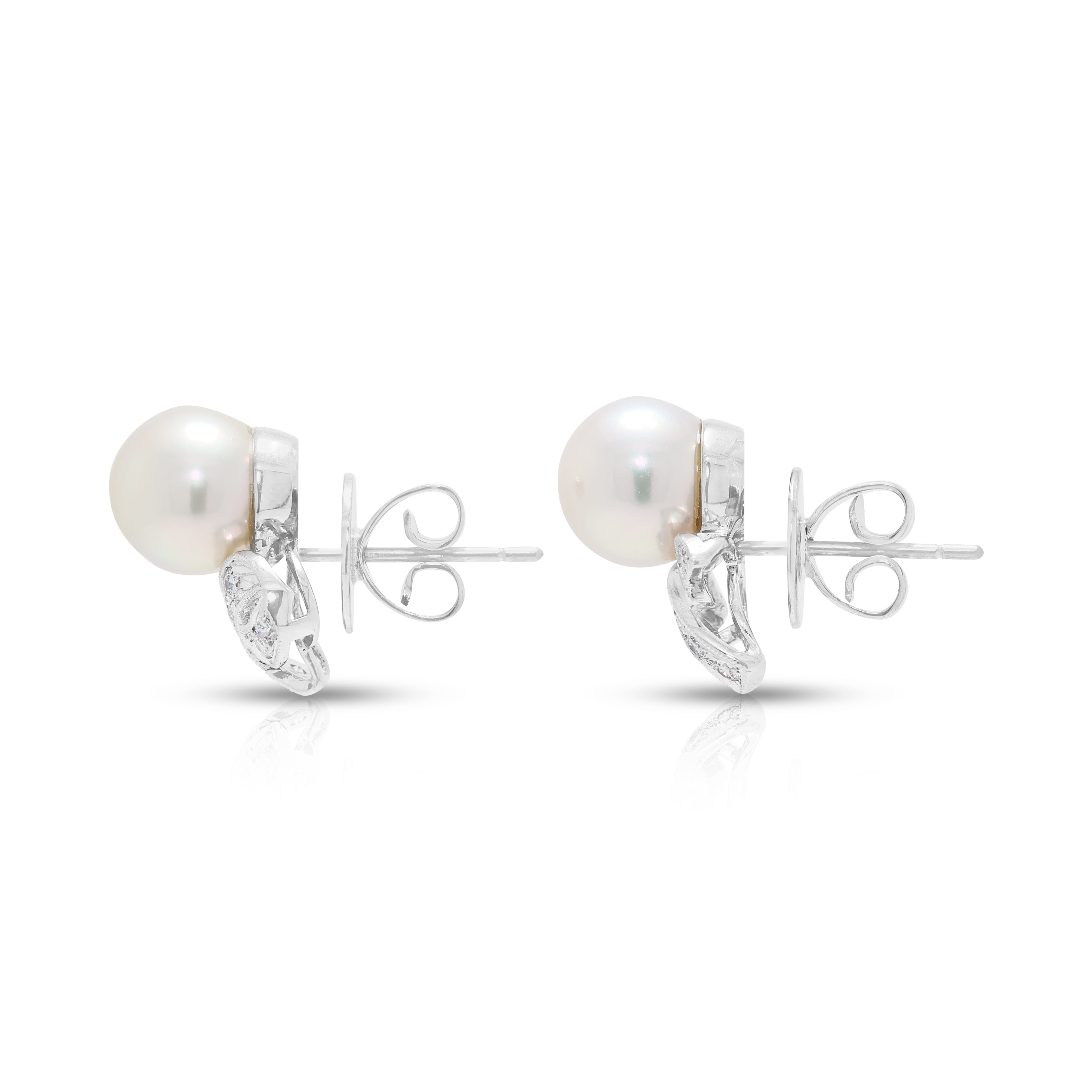 Stunning Akoya Pearl and 0.30ct Natural Diamond Ribbon Earrings in 18K White Gold