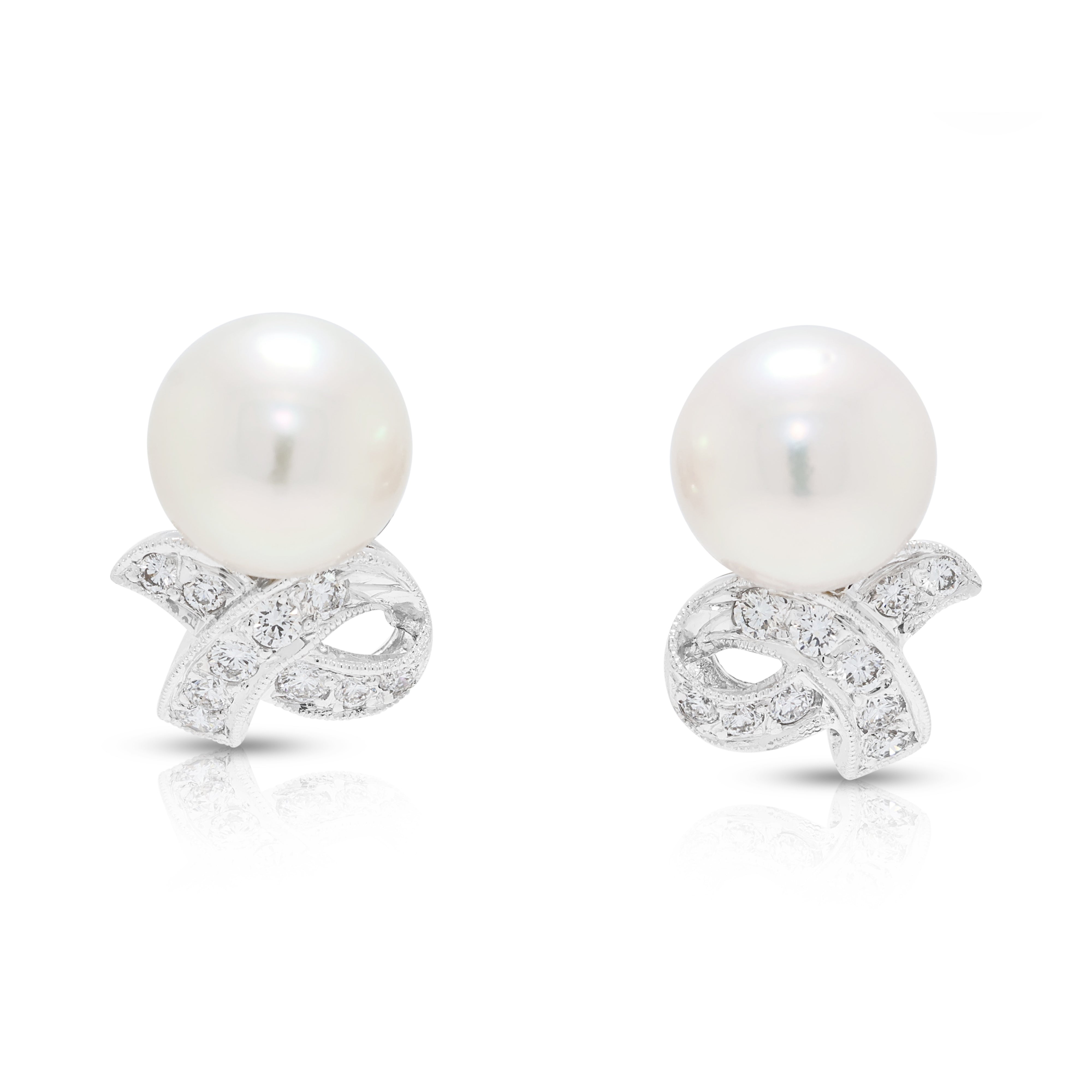 Stunning Akoya Pearl and 0.30ct Natural Diamond Ribbon Earrings in 18K White Gold