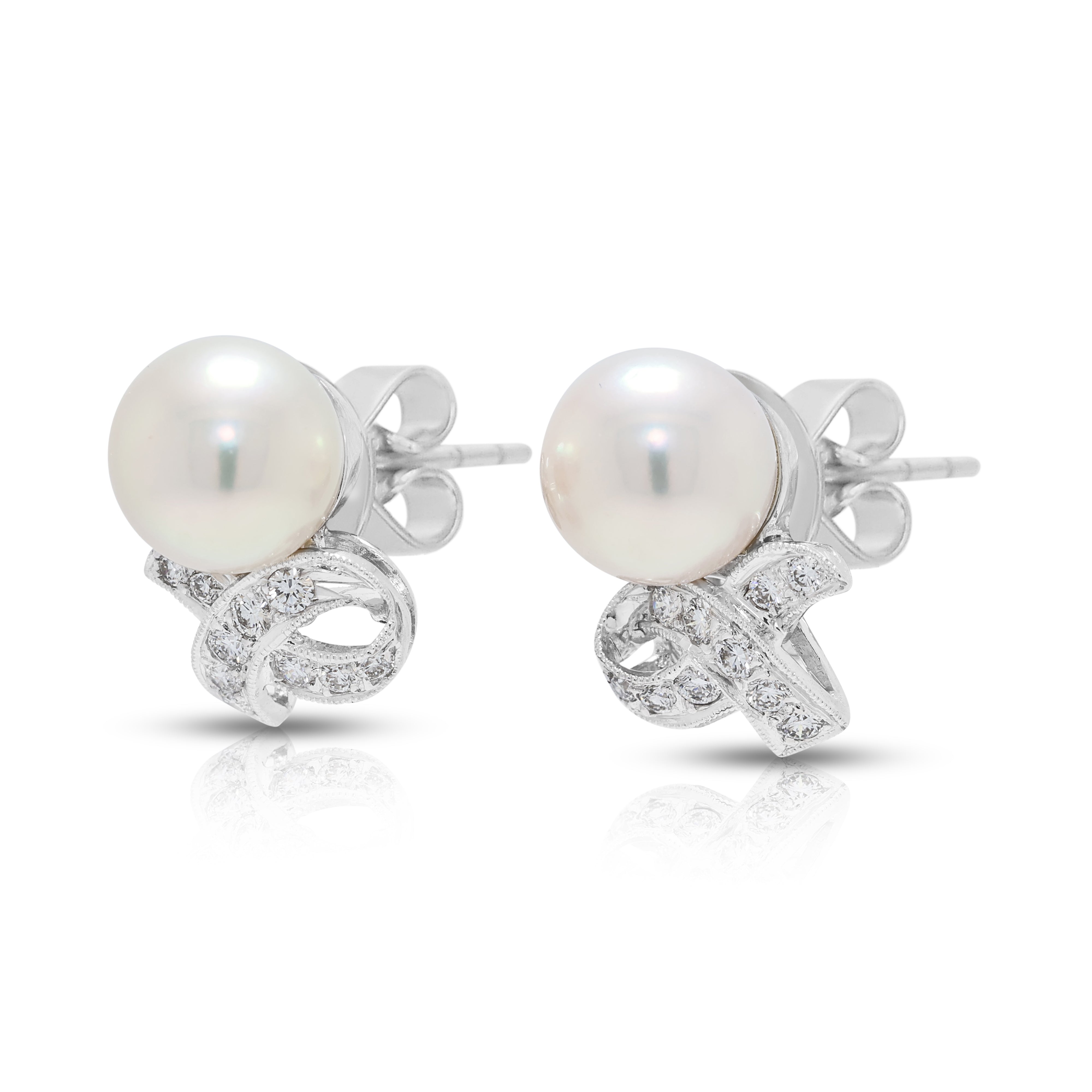 Stunning Akoya Pearl and 0.30ct Natural Diamond Ribbon Earrings in 18K White Gold