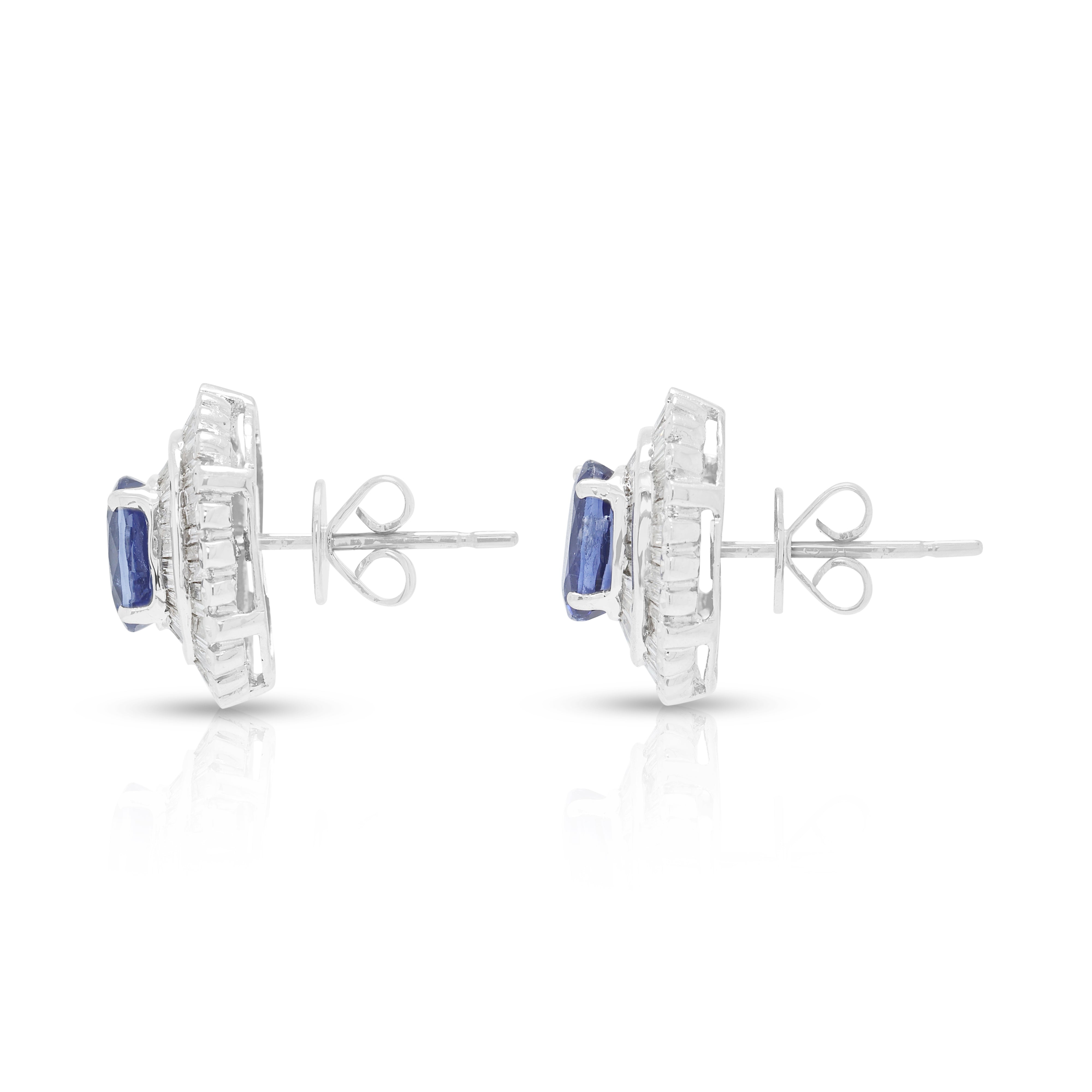 Radiant 2.40ct Sapphire and 0.68ct Natural Diamond Sunburst Earrings in 18K White Gold