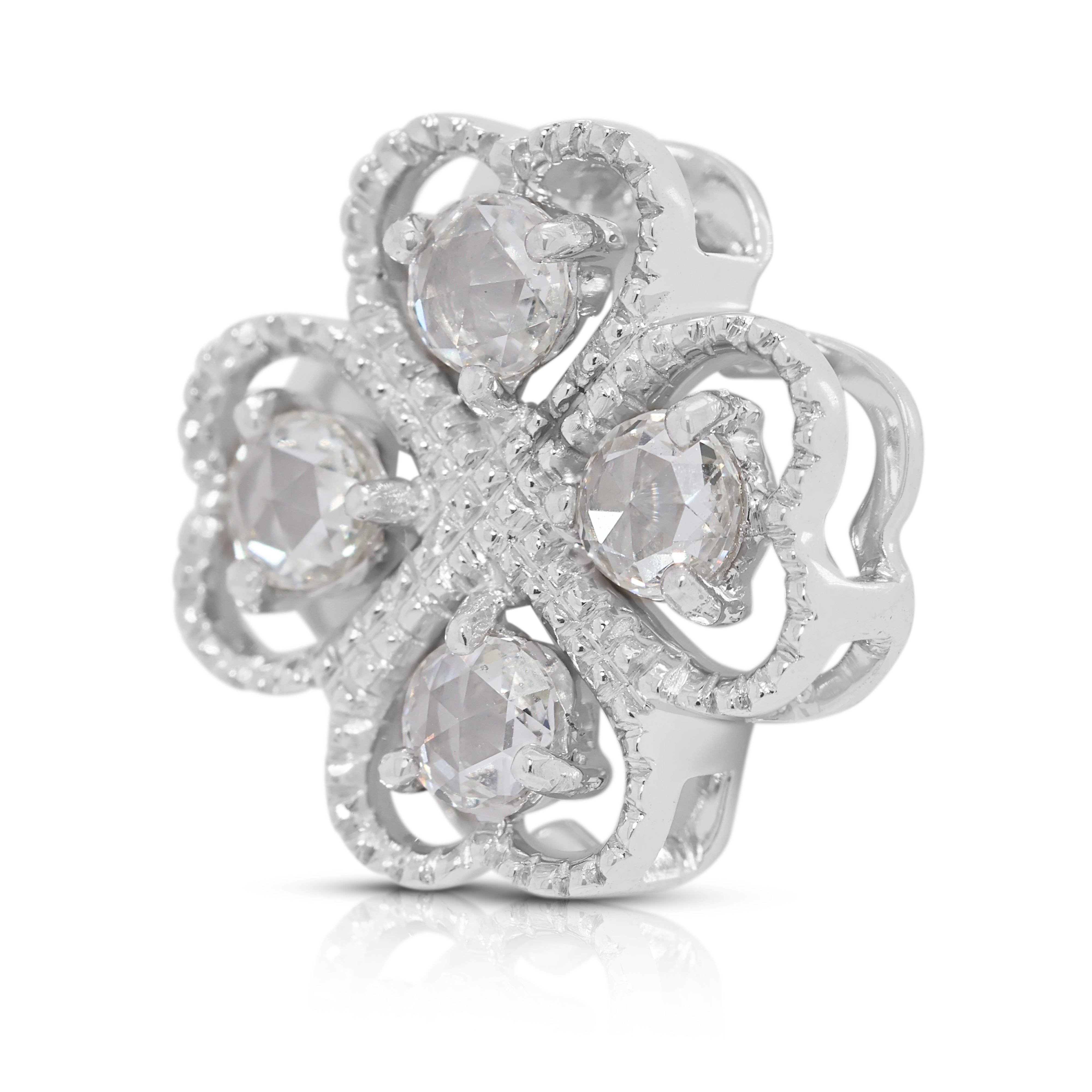 Charming 0.44ct Rose-Cut Natural Diamond Four-Leaf Clover Pendant in 18K White Gold (Unworn)