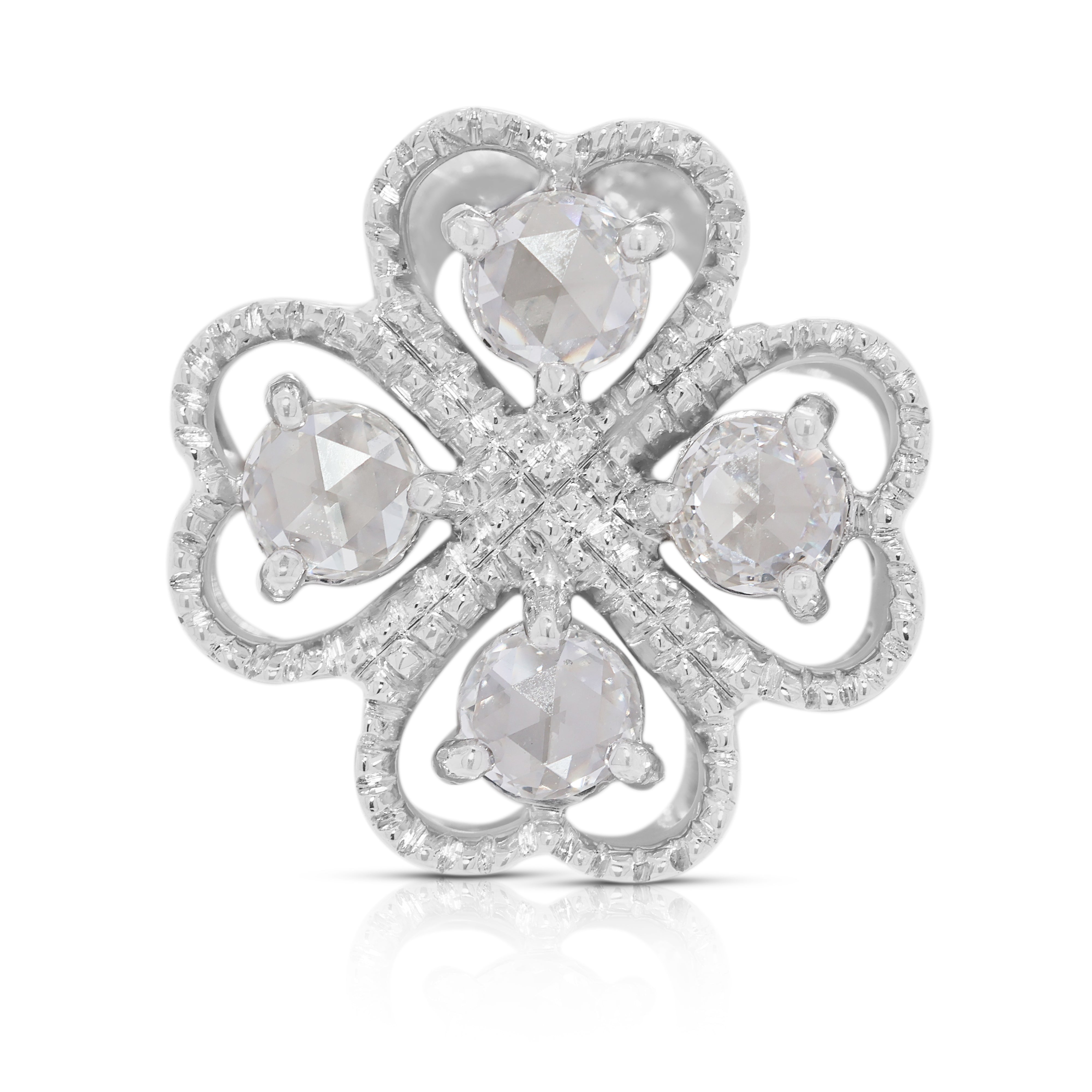 Charming 0.44ct Rose-Cut Natural Diamond Four-Leaf Clover Pendant in 18K White Gold (Unworn)