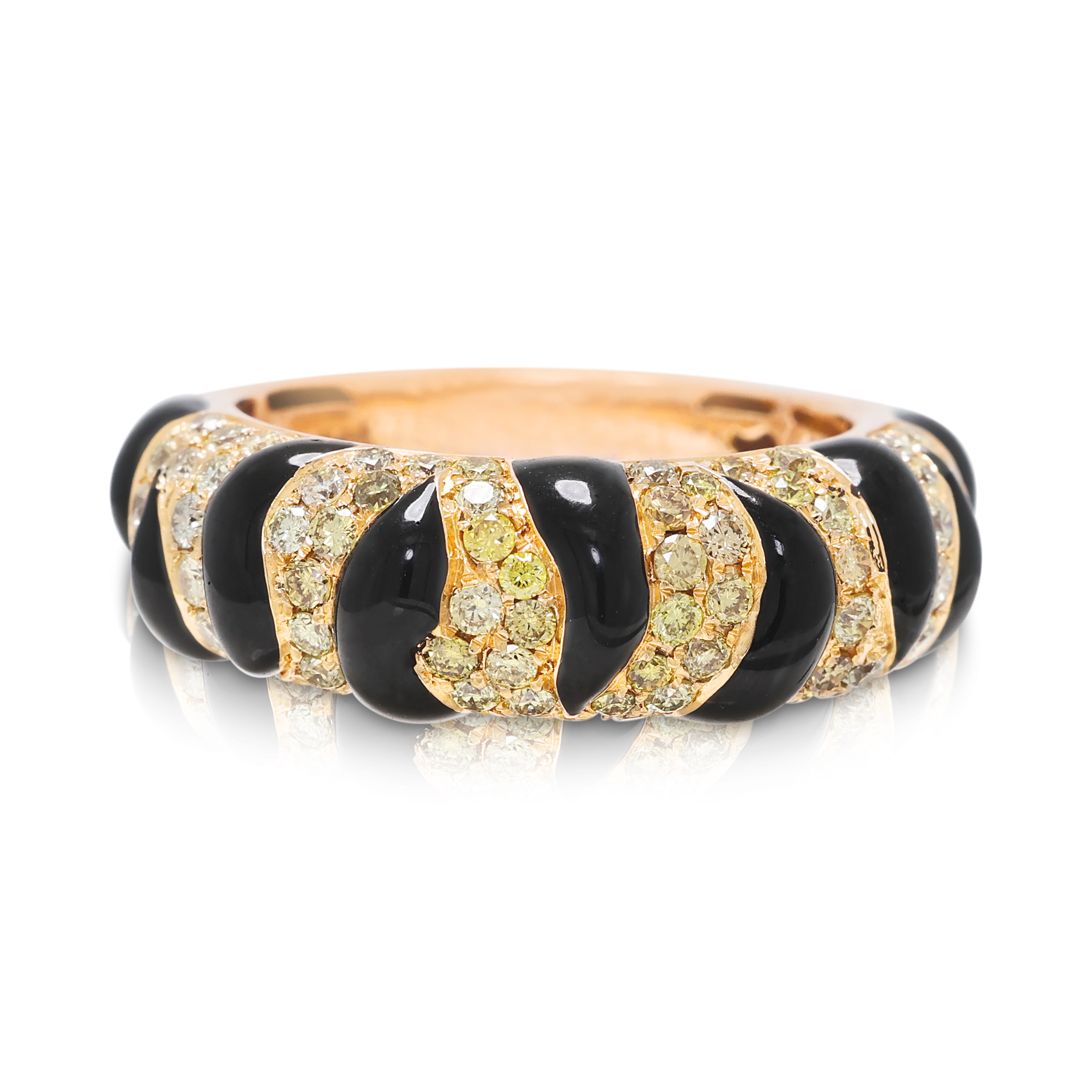 Exquisite 0.94ct Yellow Natural Diamond and Black Onyx Swirl Ring in 18K Rose Gold
