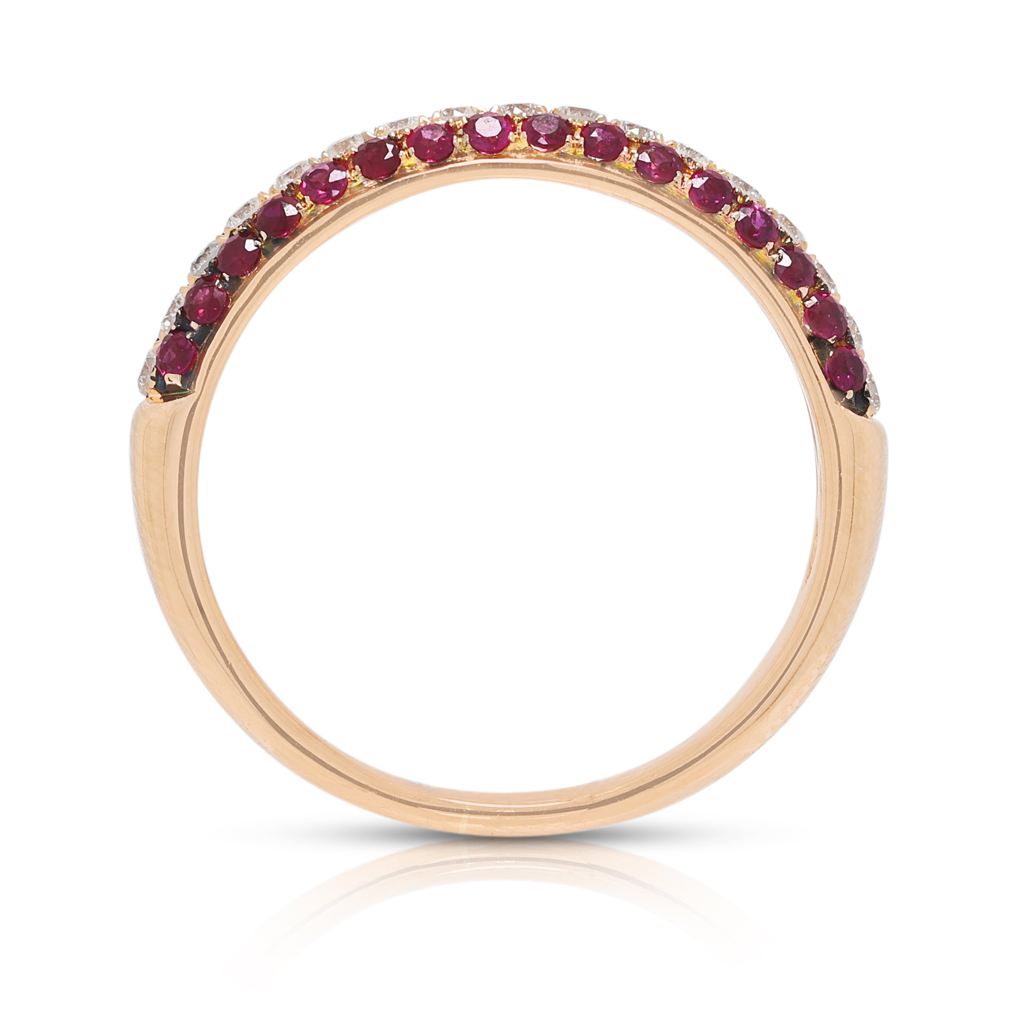 Glamorous 0.25ct Ruby and 0.17ct Natural Diamond Three-Row Ring in 18K Rose Gold