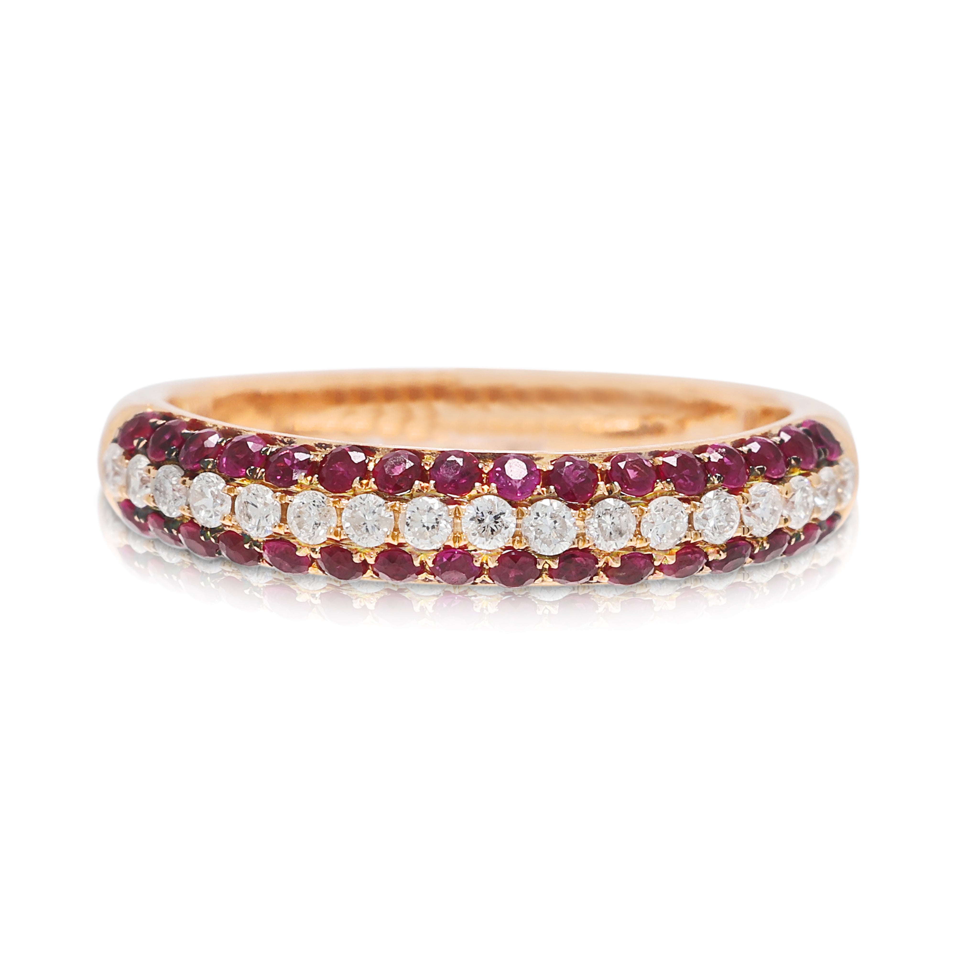 Glamorous 0.25ct Ruby and 0.17ct Natural Diamond Three-Row Ring in 18K Rose Gold