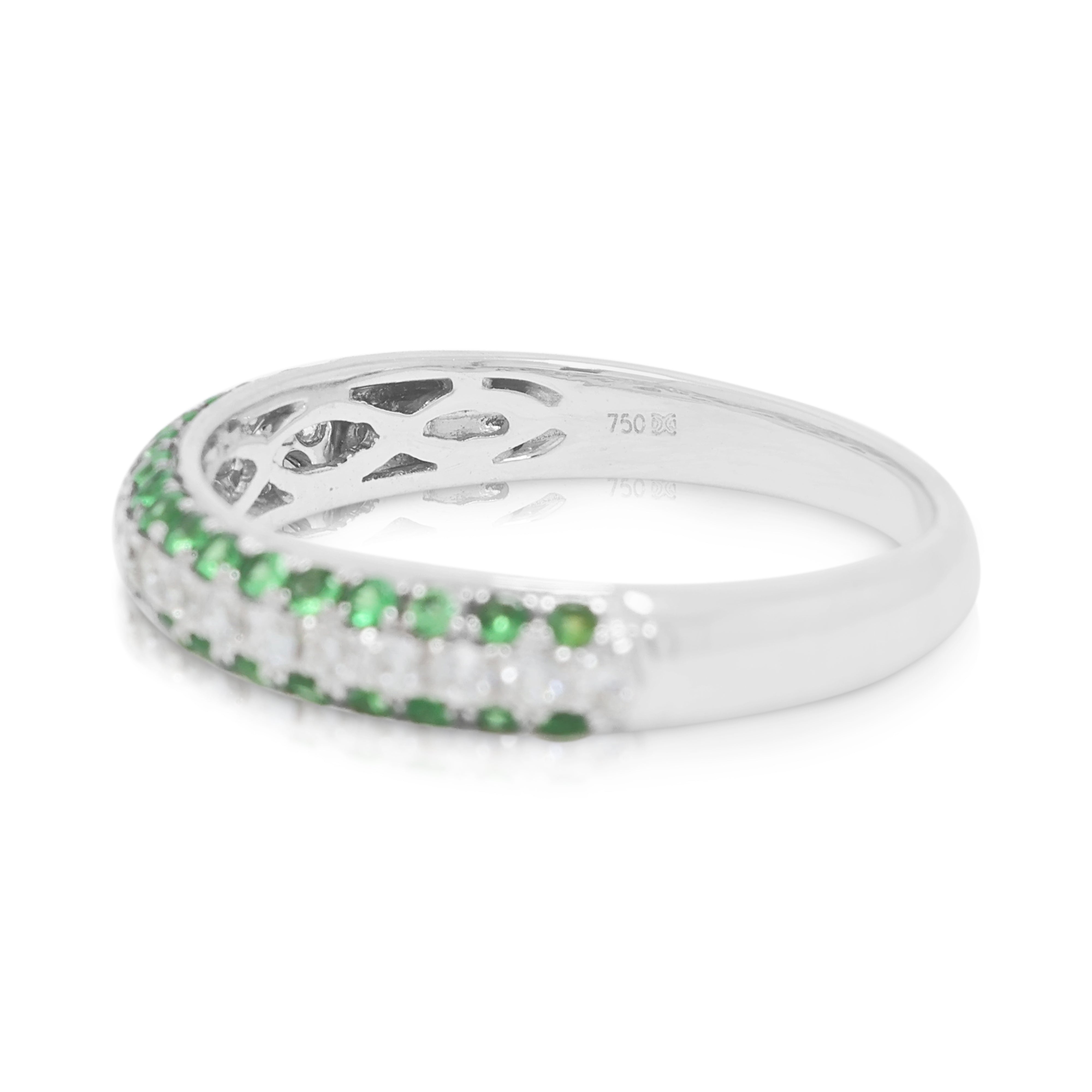 Captivating 0.17ct Natural Diamond and 0.25ct Tsavorite Garnet Three-Row Ring in 18K White Gold