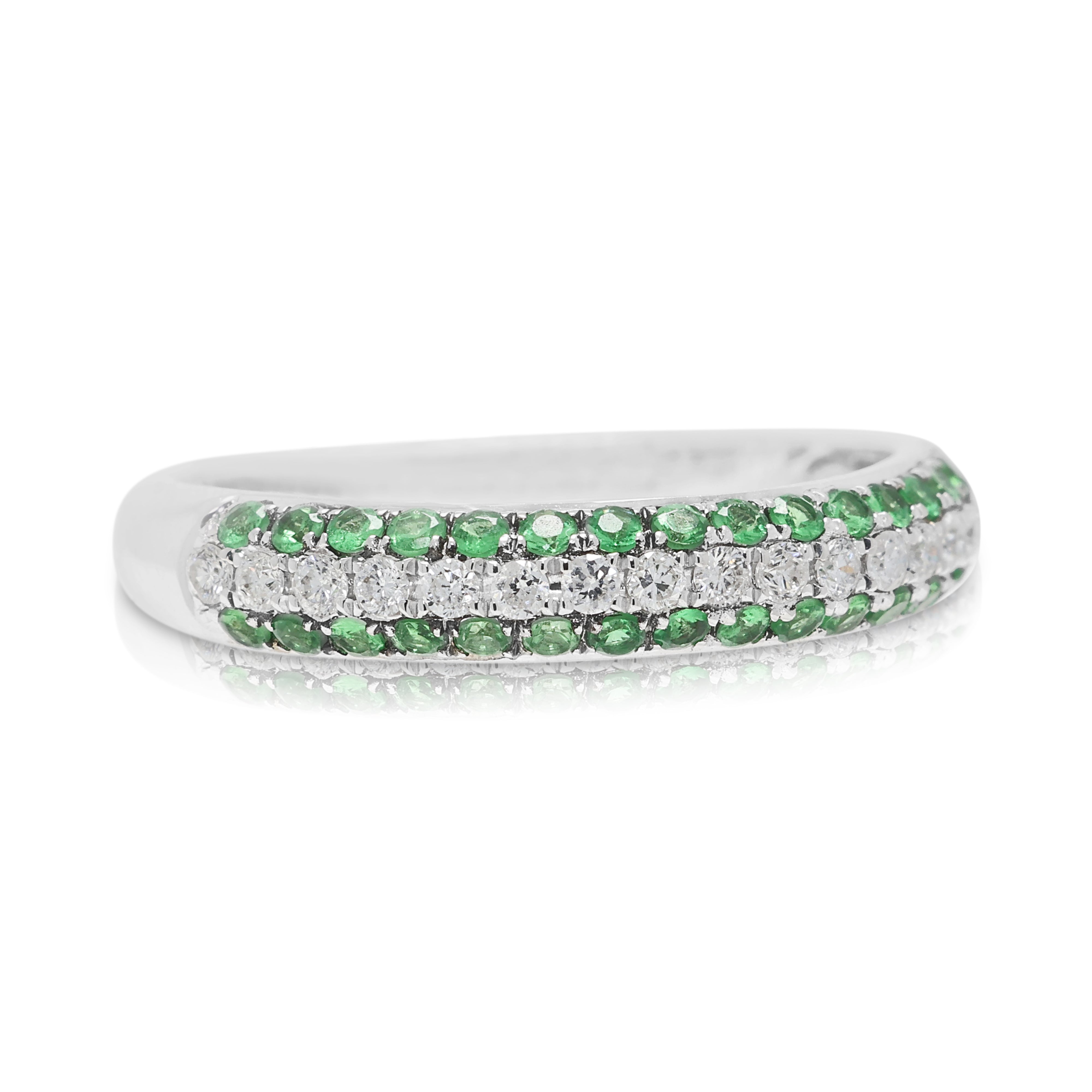 Captivating 0.17ct Natural Diamond and 0.25ct Tsavorite Garnet Three-Row Ring in 18K White Gold