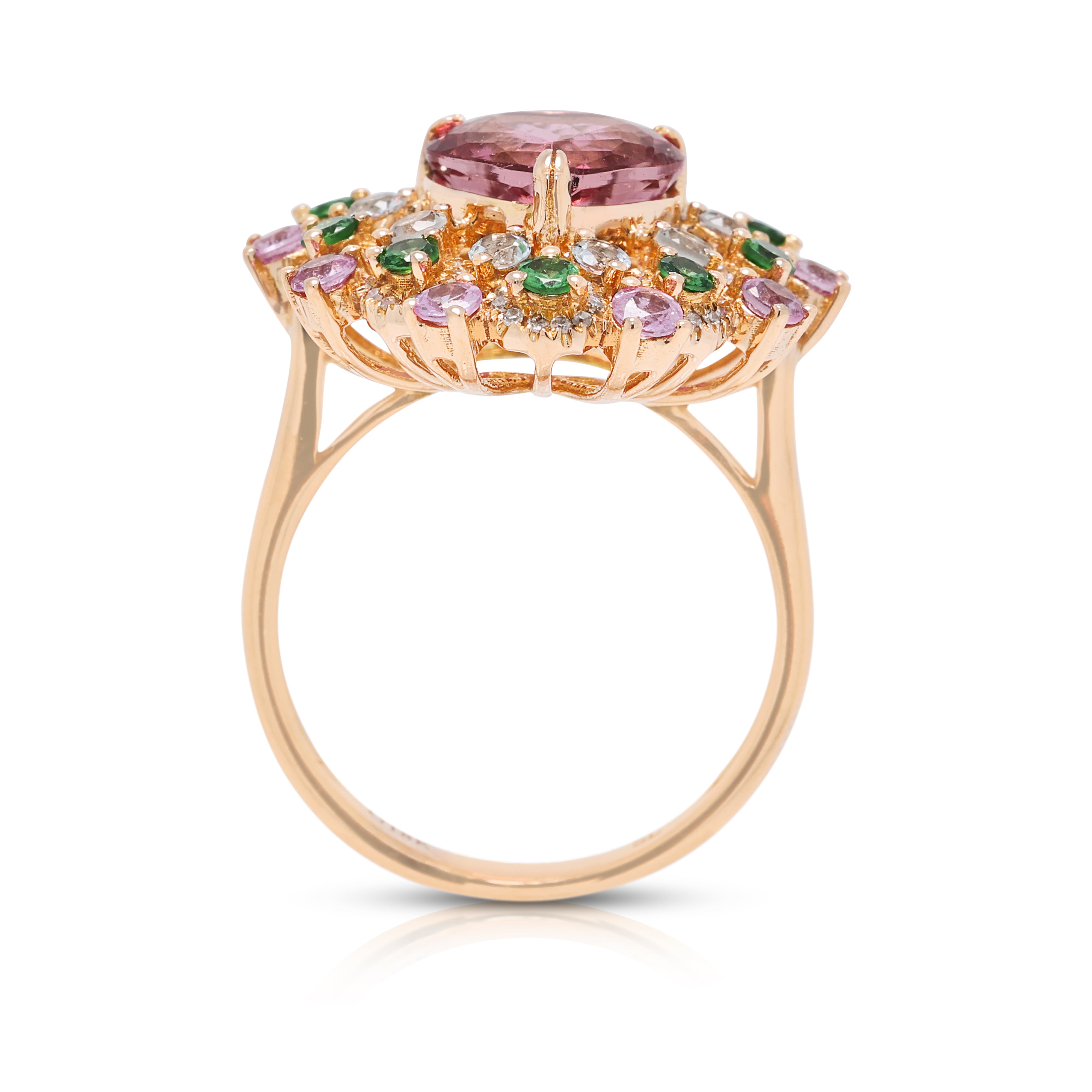 Breathtaking 1.80ct Tourmaline, 0.54ct Sapphire, 0.18ct Tsavorite Garnet and 0.19ct Natural Diamond Heart Cluster Ring in 18K Rose Gold