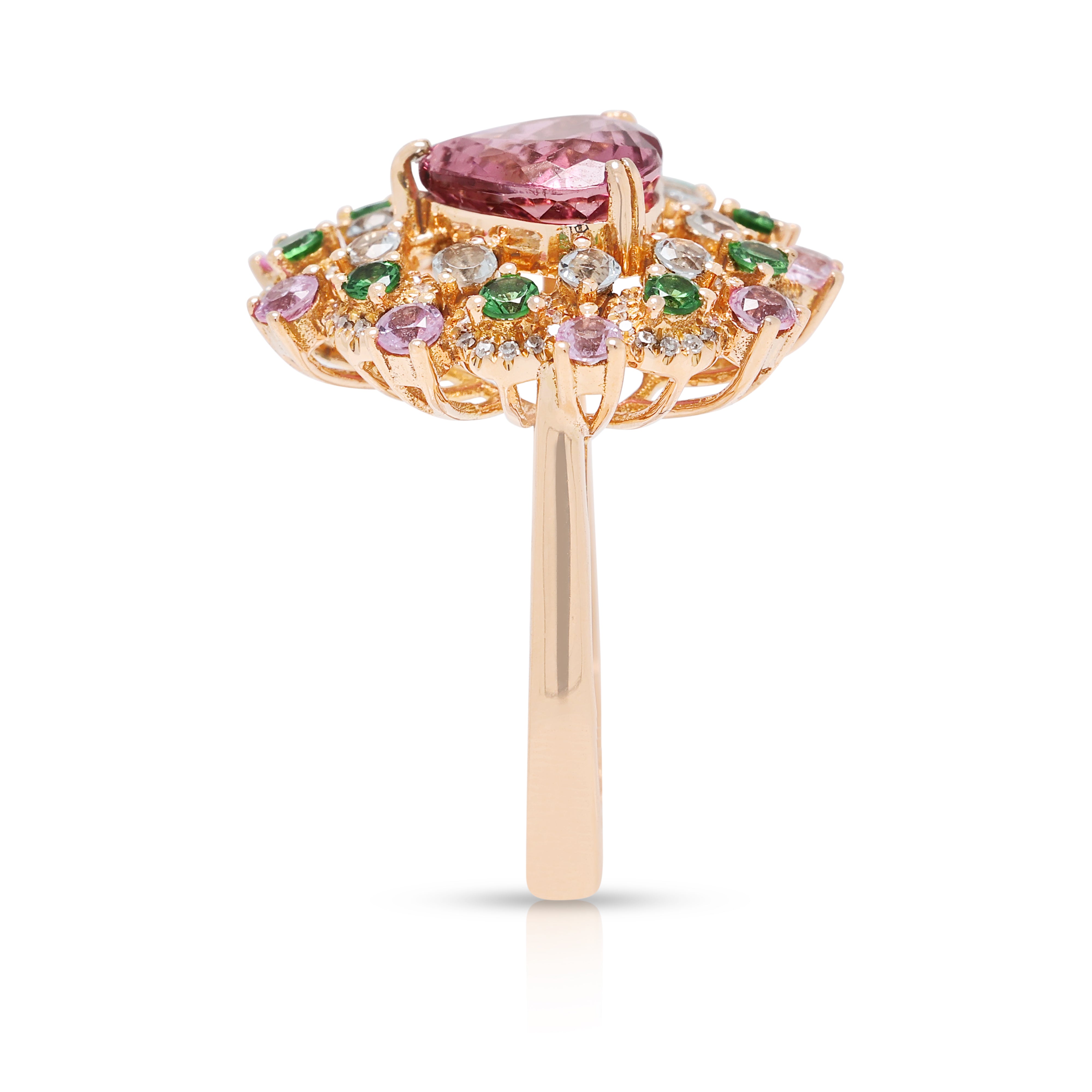 Breathtaking 1.80ct Tourmaline, 0.54ct Sapphire, 0.18ct Tsavorite Garnet and 0.19ct Natural Diamond Heart Cluster Ring in 18K Rose Gold