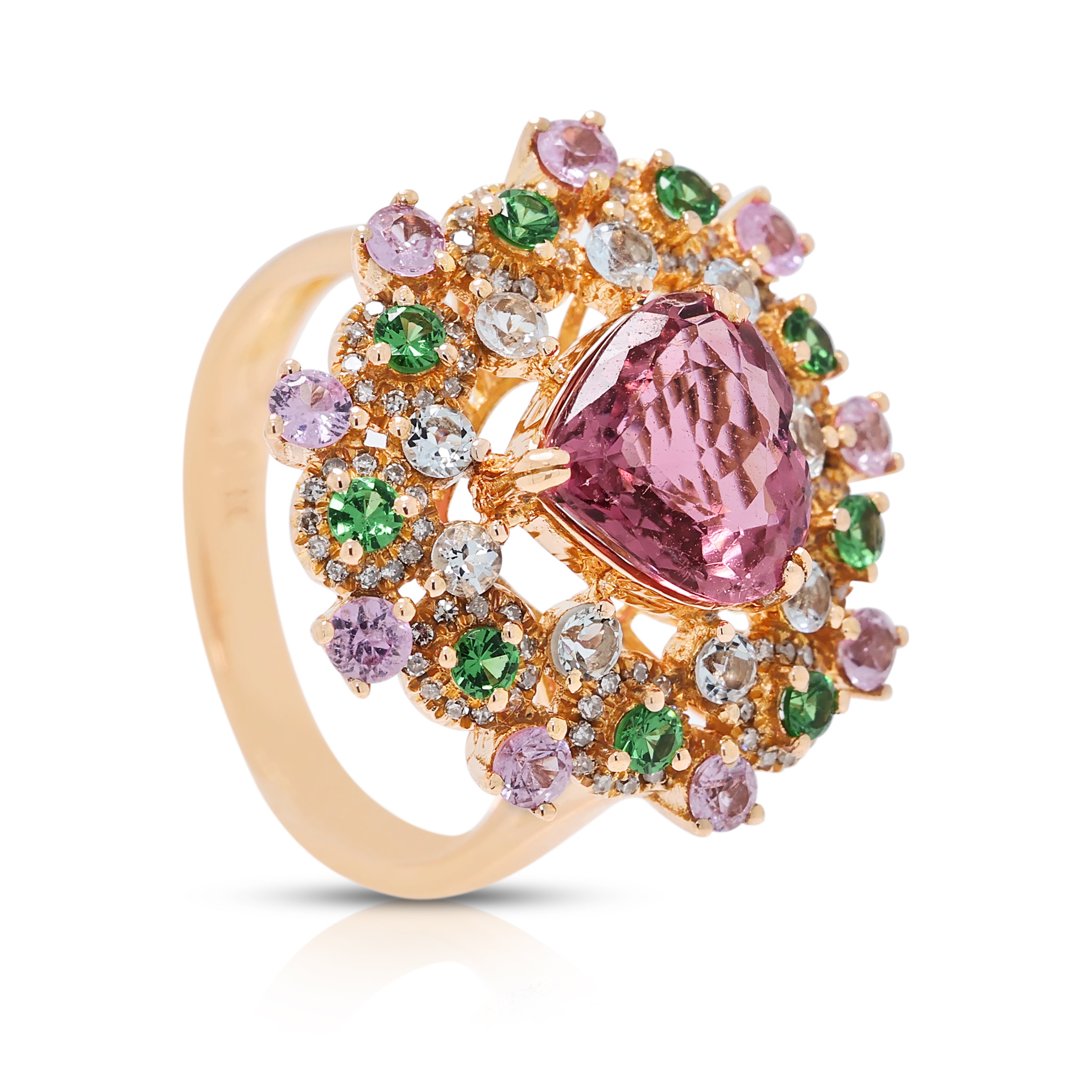 Breathtaking 1.80ct Tourmaline, 0.54ct Sapphire, 0.18ct Tsavorite Garnet and 0.19ct Natural Diamond Heart Cluster Ring in 18K Rose Gold