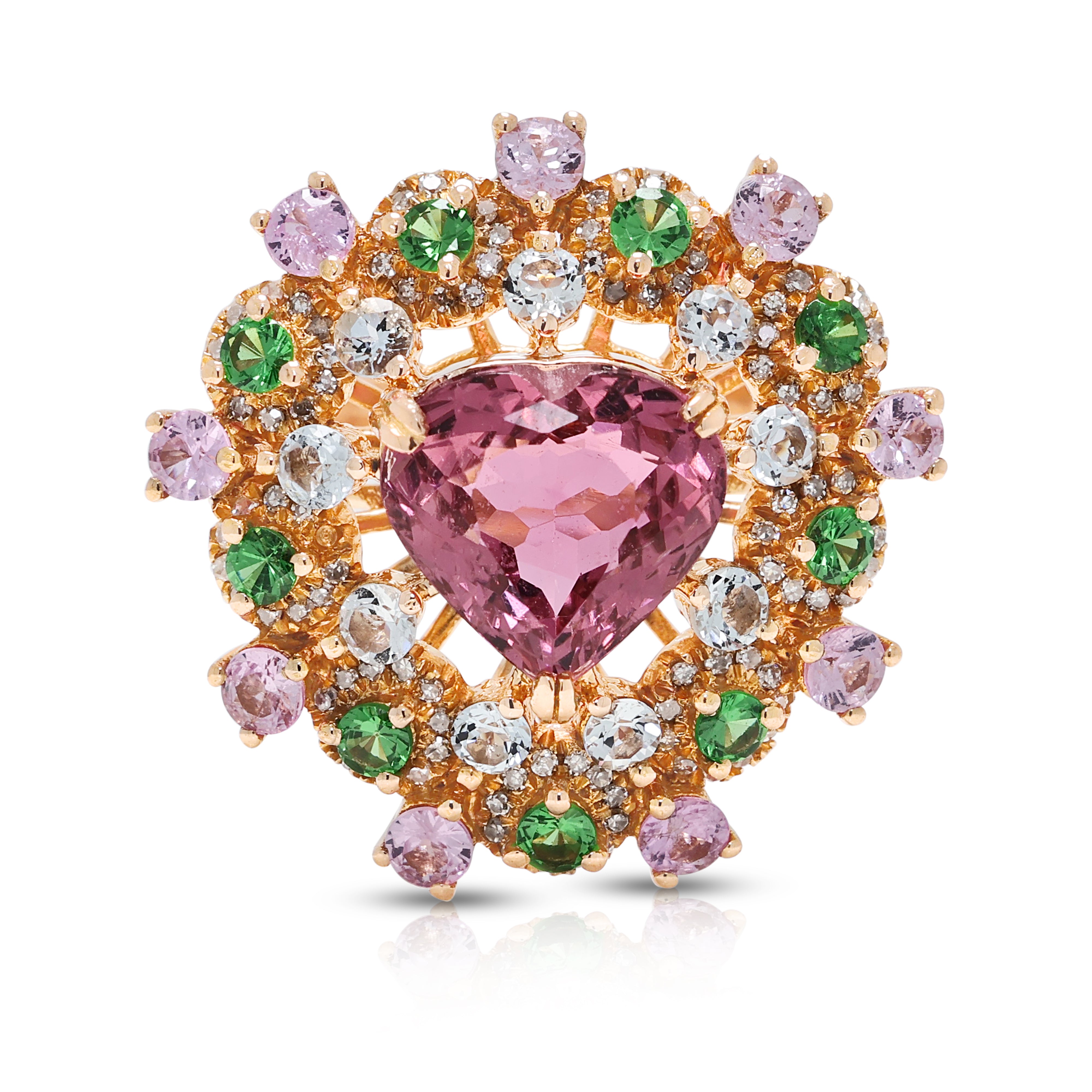 Breathtaking 1.80ct Tourmaline, 0.54ct Sapphire, 0.18ct Tsavorite Garnet and 0.19ct Natural Diamond Heart Cluster Ring in 18K Rose Gold