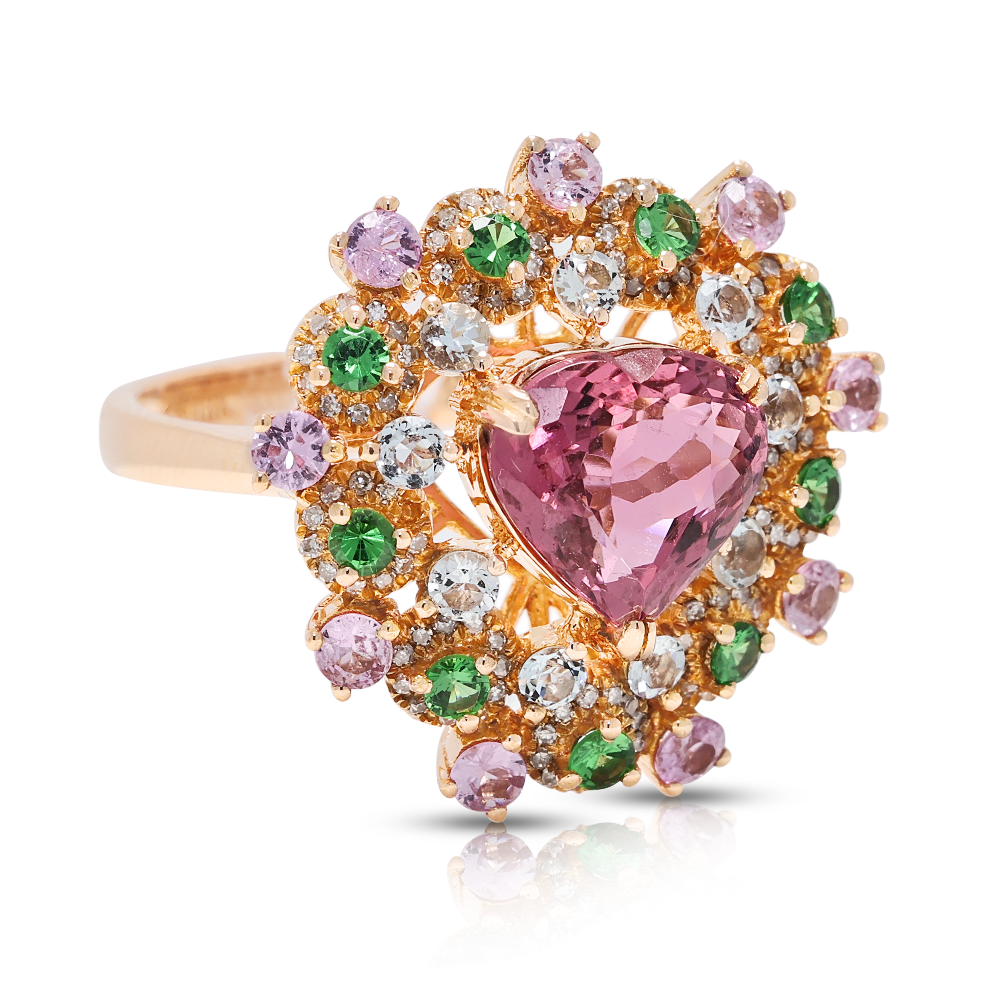 Breathtaking 1.80ct Tourmaline, 0.54ct Sapphire, 0.18ct Tsavorite Garnet and 0.19ct Natural Diamond Heart Cluster Ring in 18K Rose Gold