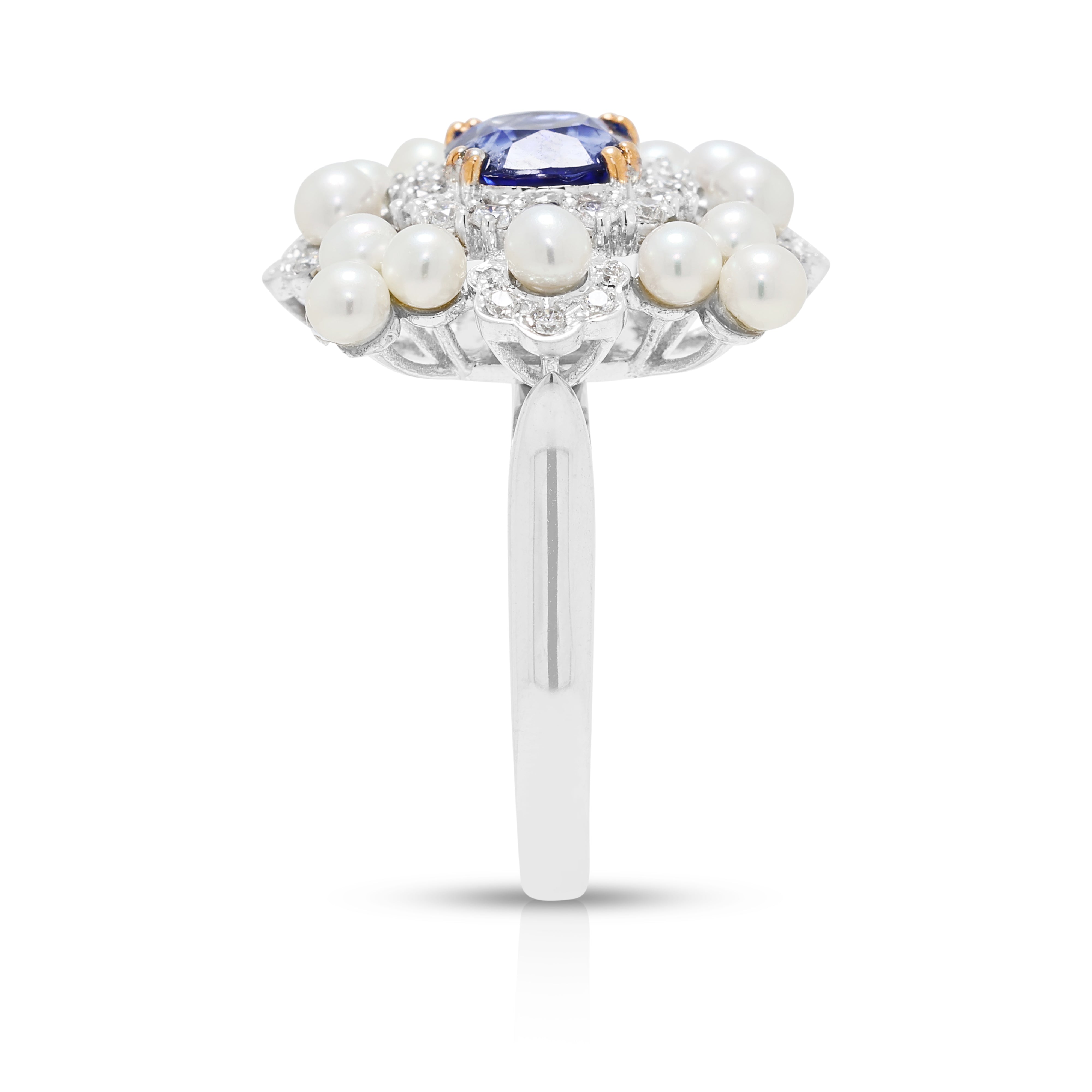 Dazzling 1.30ct Unheated Sapphire, 0.34ct Natural Diamond and Pearl Convertible Ring/Pendant in 18K Two-Tone Gold