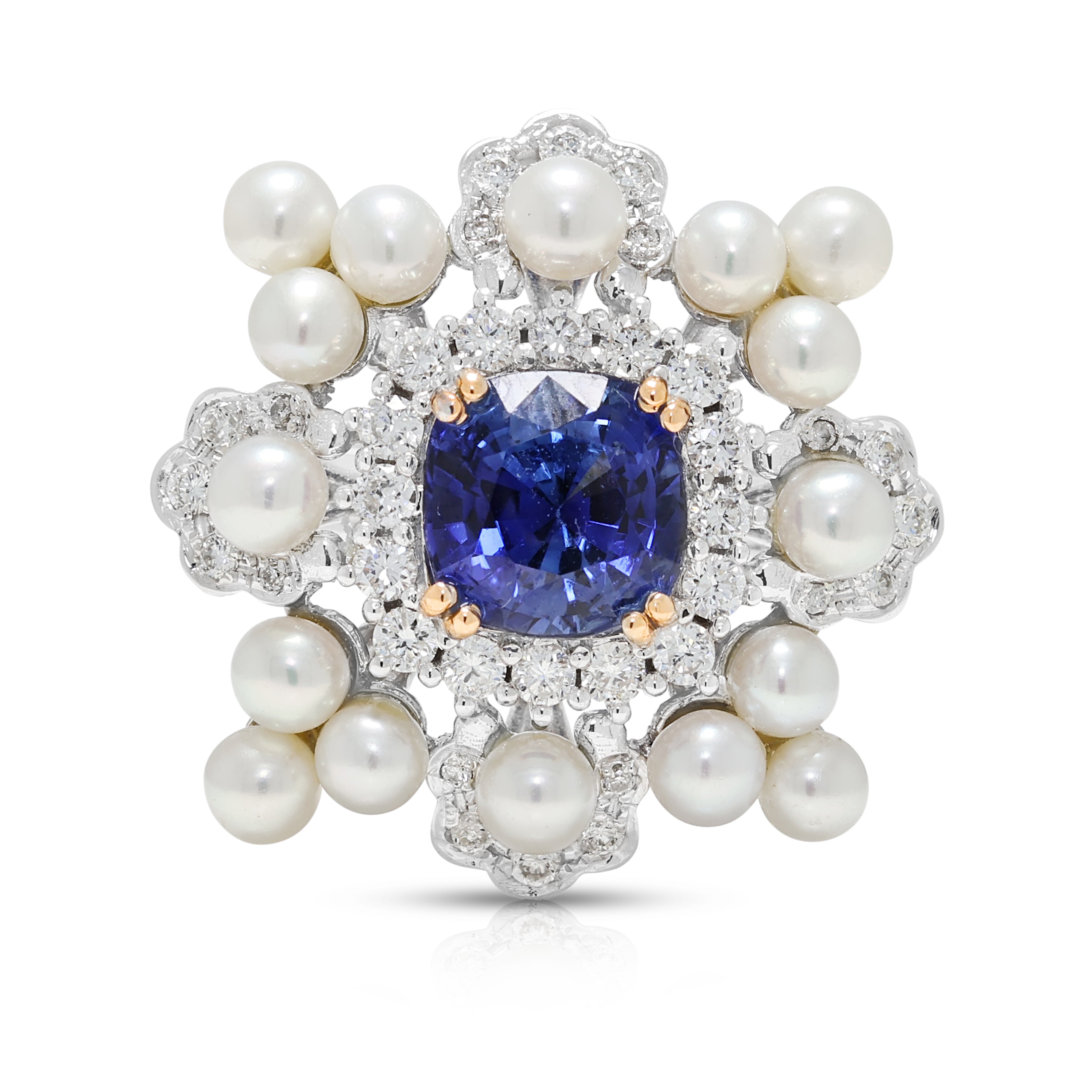 Dazzling 1.30ct Unheated Sapphire, 0.34ct Natural Diamond and Pearl Convertible Ring/Pendant in 18K Two-Tone Gold