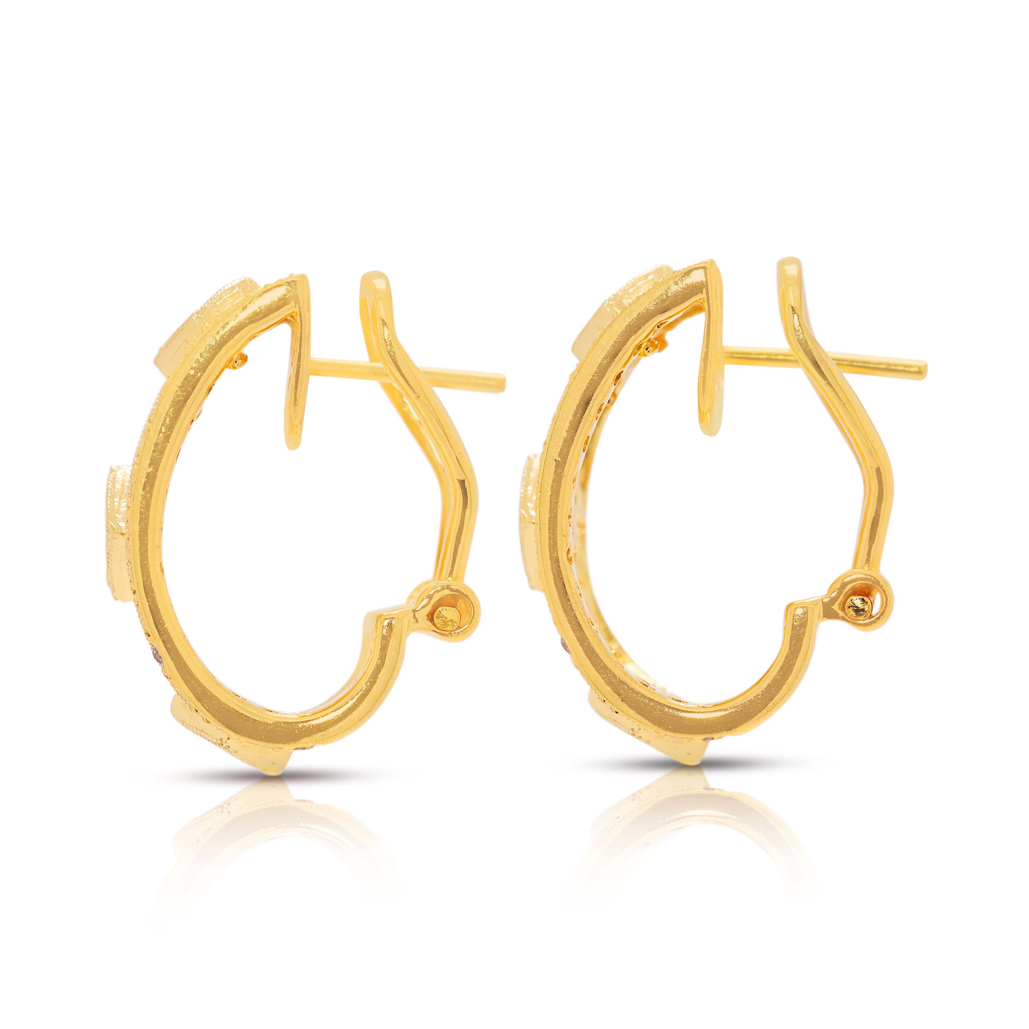 Ornate 1.15ct Geometric Semi-Hoop Natural Diamond Earrings in 18K Yellow Gold