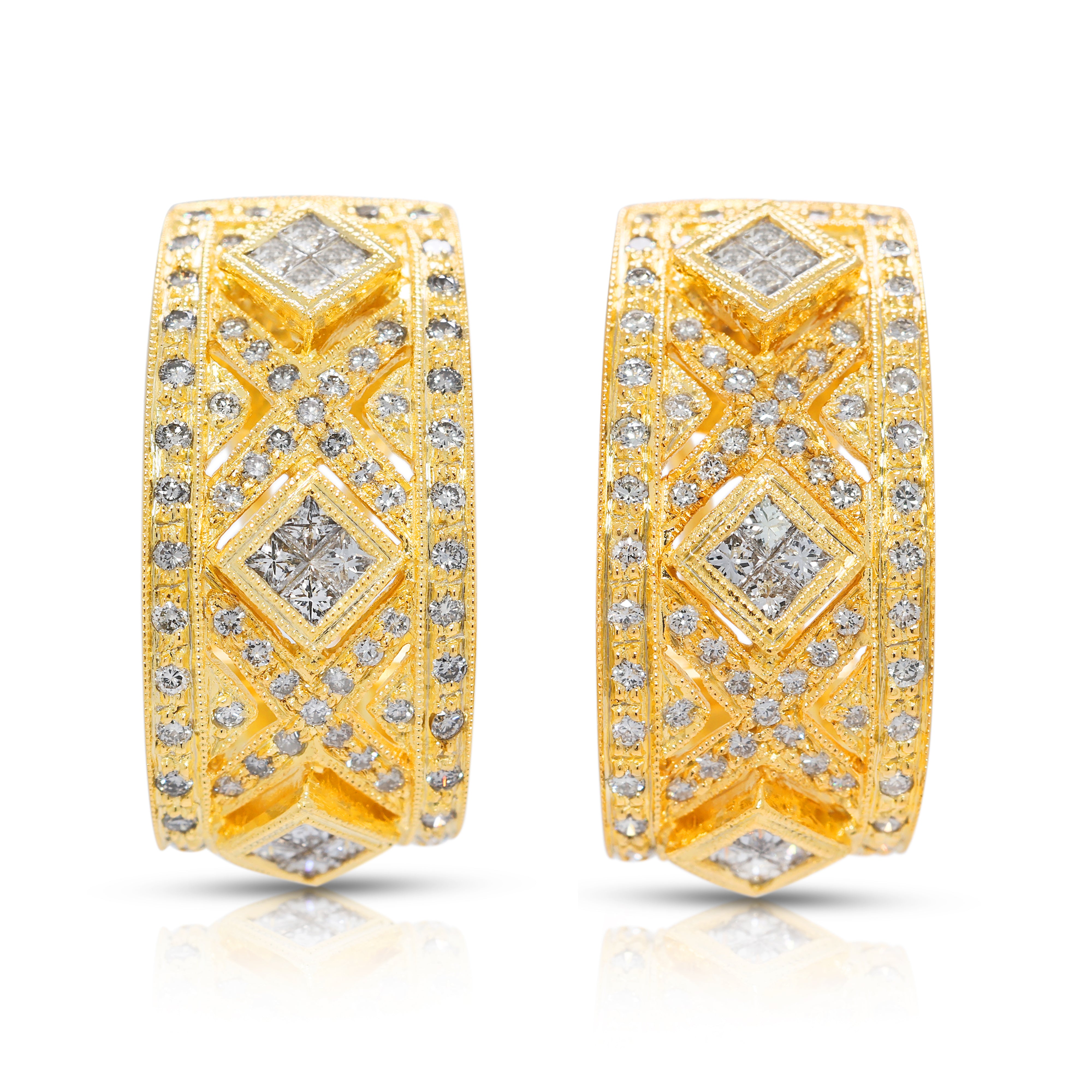 Ornate 1.15ct Geometric Semi-Hoop Natural Diamond Earrings in 18K Yellow Gold