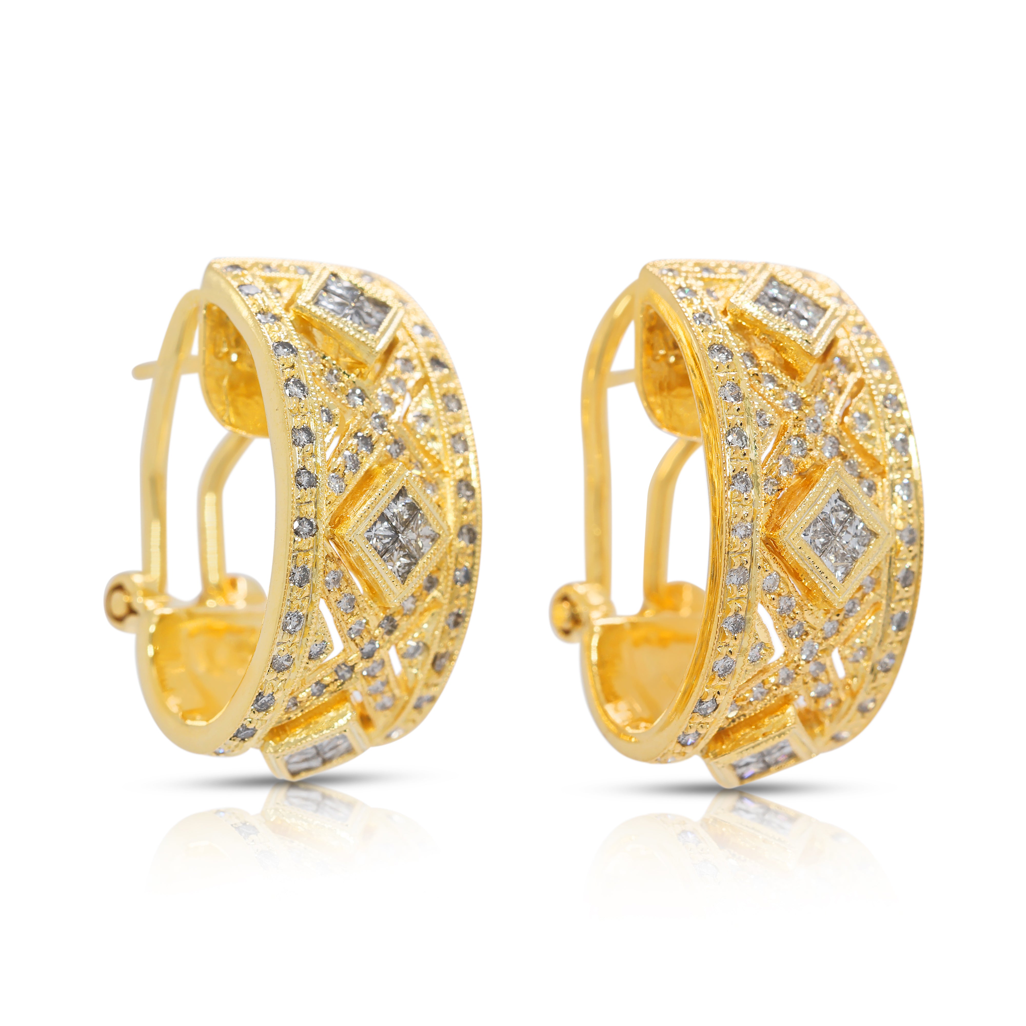Ornate 1.15ct Geometric Semi-Hoop Natural Diamond Earrings in 18K Yellow Gold
