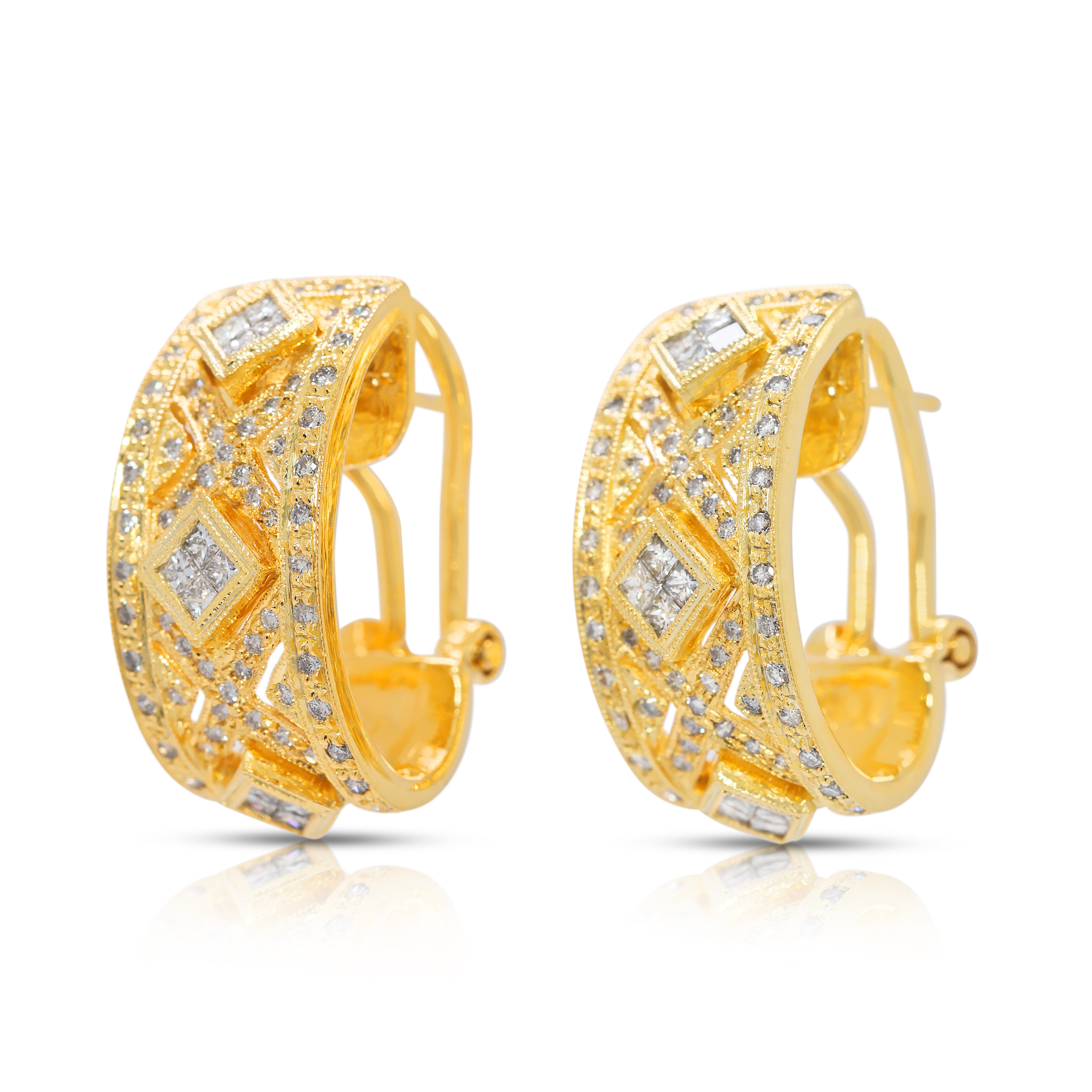 Ornate 1.15ct Geometric Semi-Hoop Natural Diamond Earrings in 18K Yellow Gold