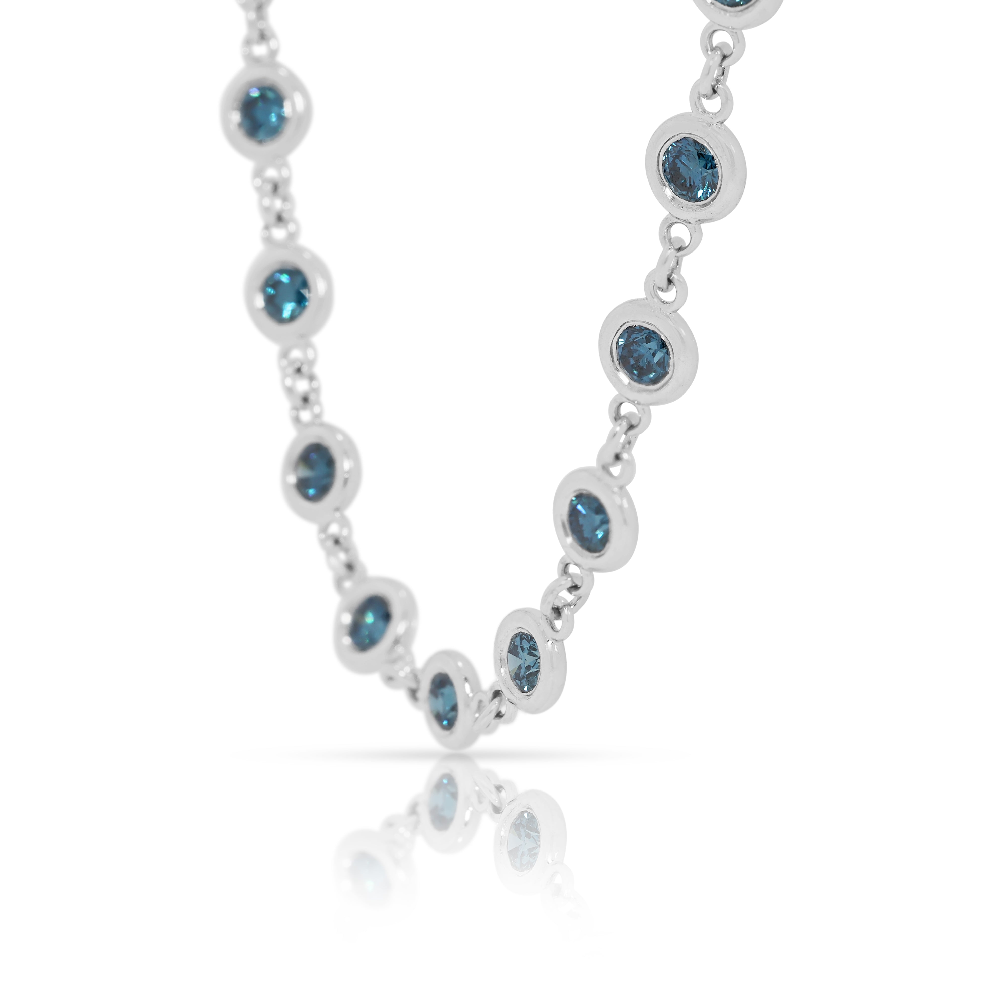 Vibrant 2.32ct Blue Natural Diamond Bezel Station Necklace in 14K White Gold