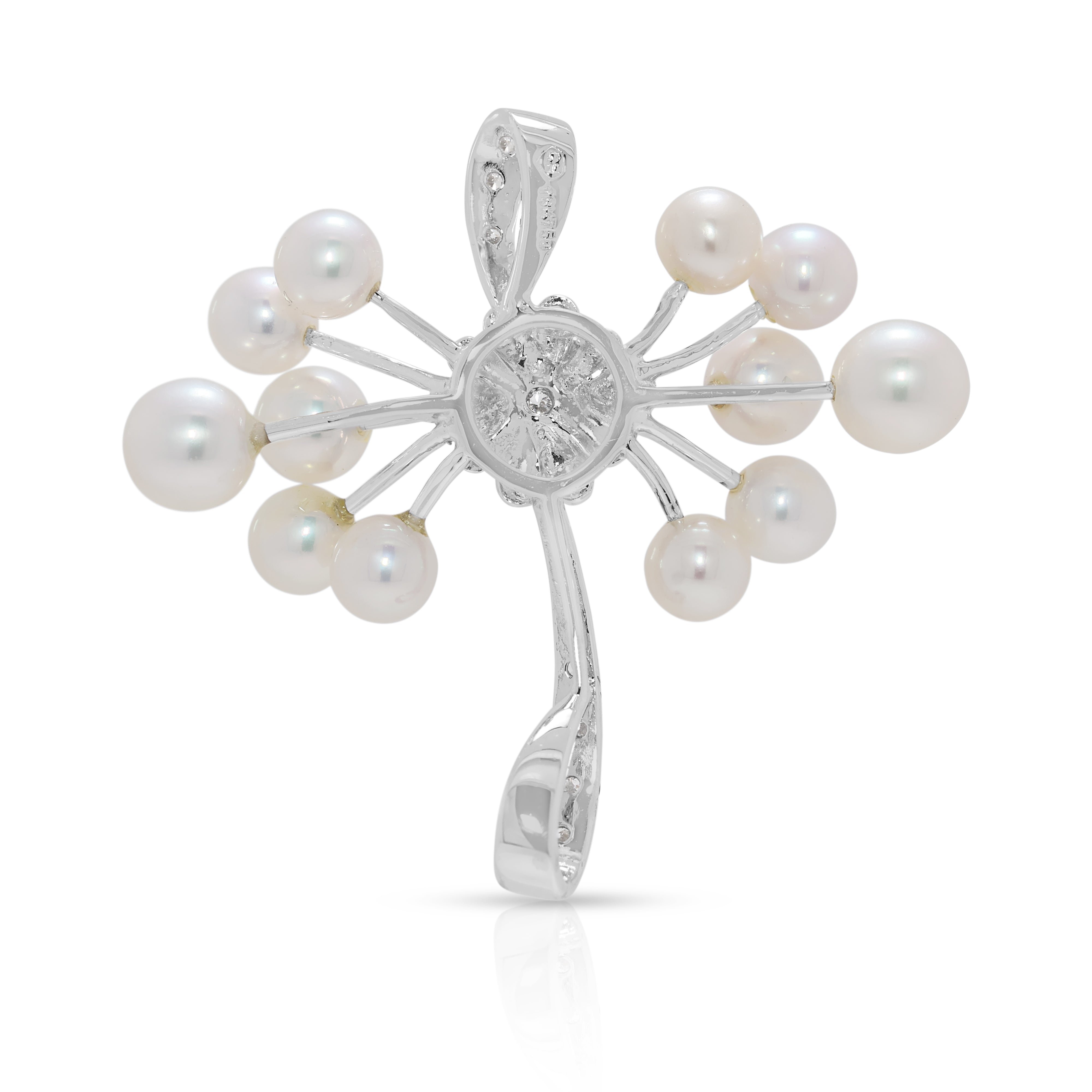 Whimsical 0.09ct Natural Diamond & Akoya Pearl 18K White Gold Pendant (New)