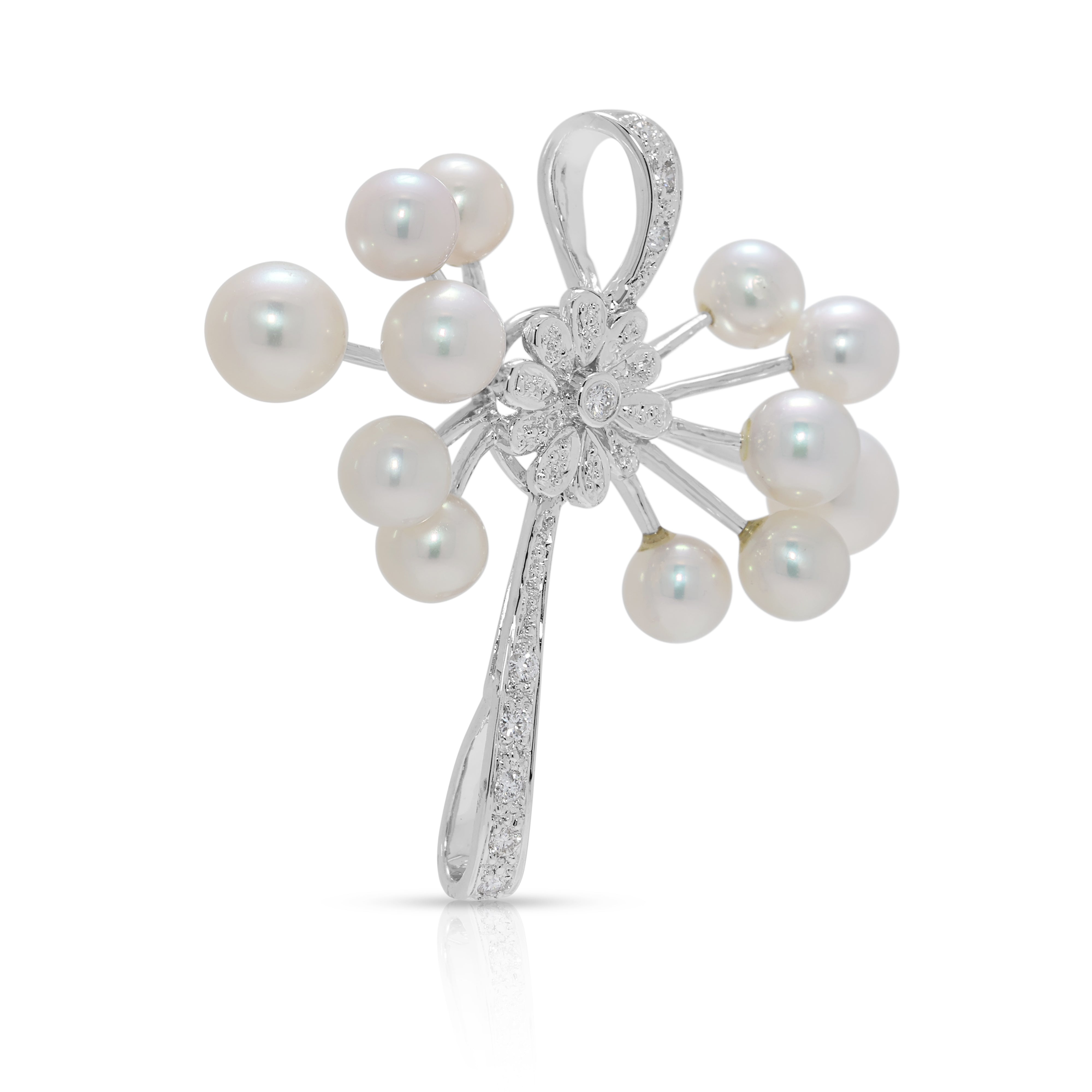 Whimsical 0.09ct Natural Diamond & Akoya Pearl 18K White Gold Pendant (New)