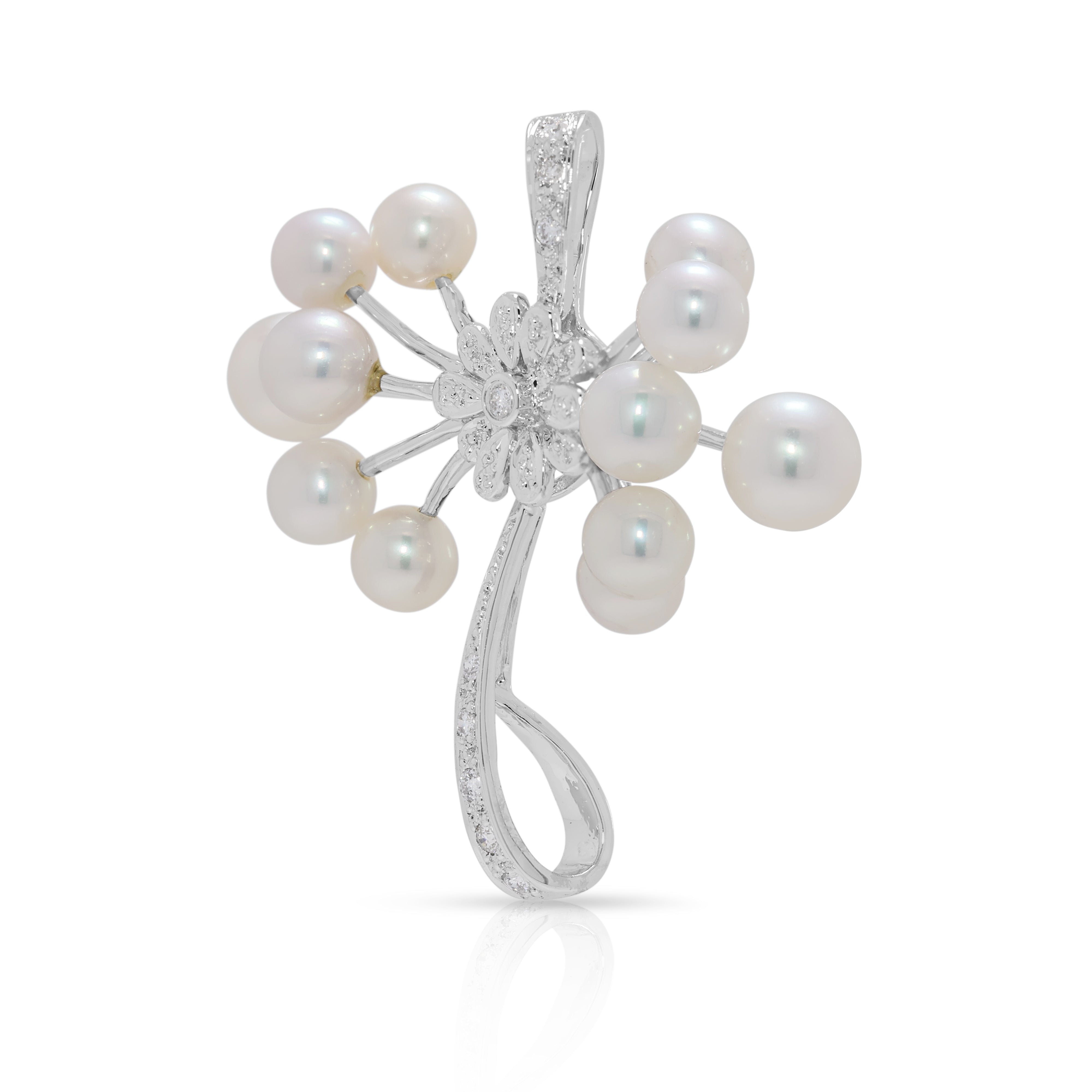 Whimsical 0.09ct Natural Diamond & Akoya Pearl 18K White Gold Pendant (New)