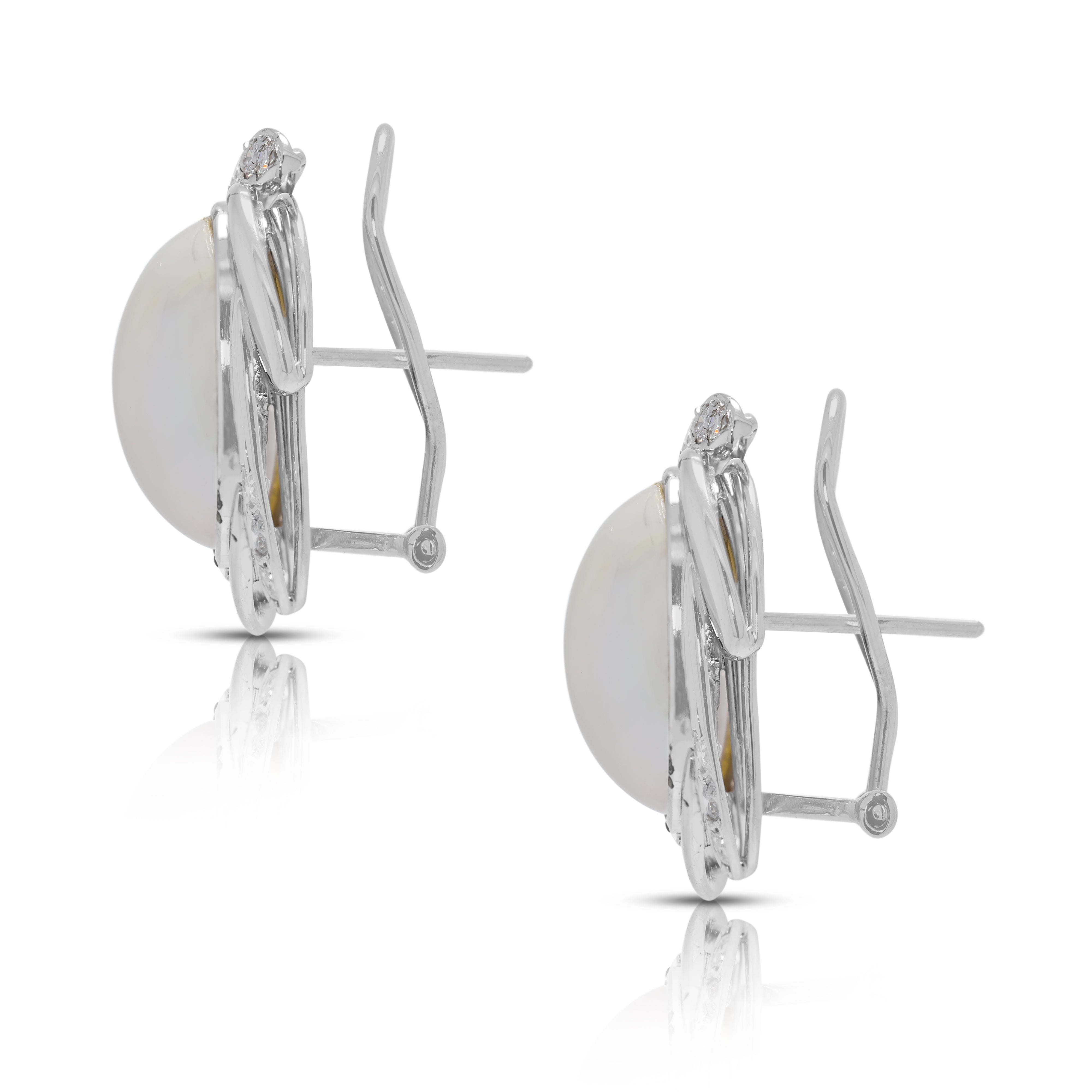 Glowing Champagne Mabe Pearl & 0.36ct Natural Diamond Earrings in 18K White Gold