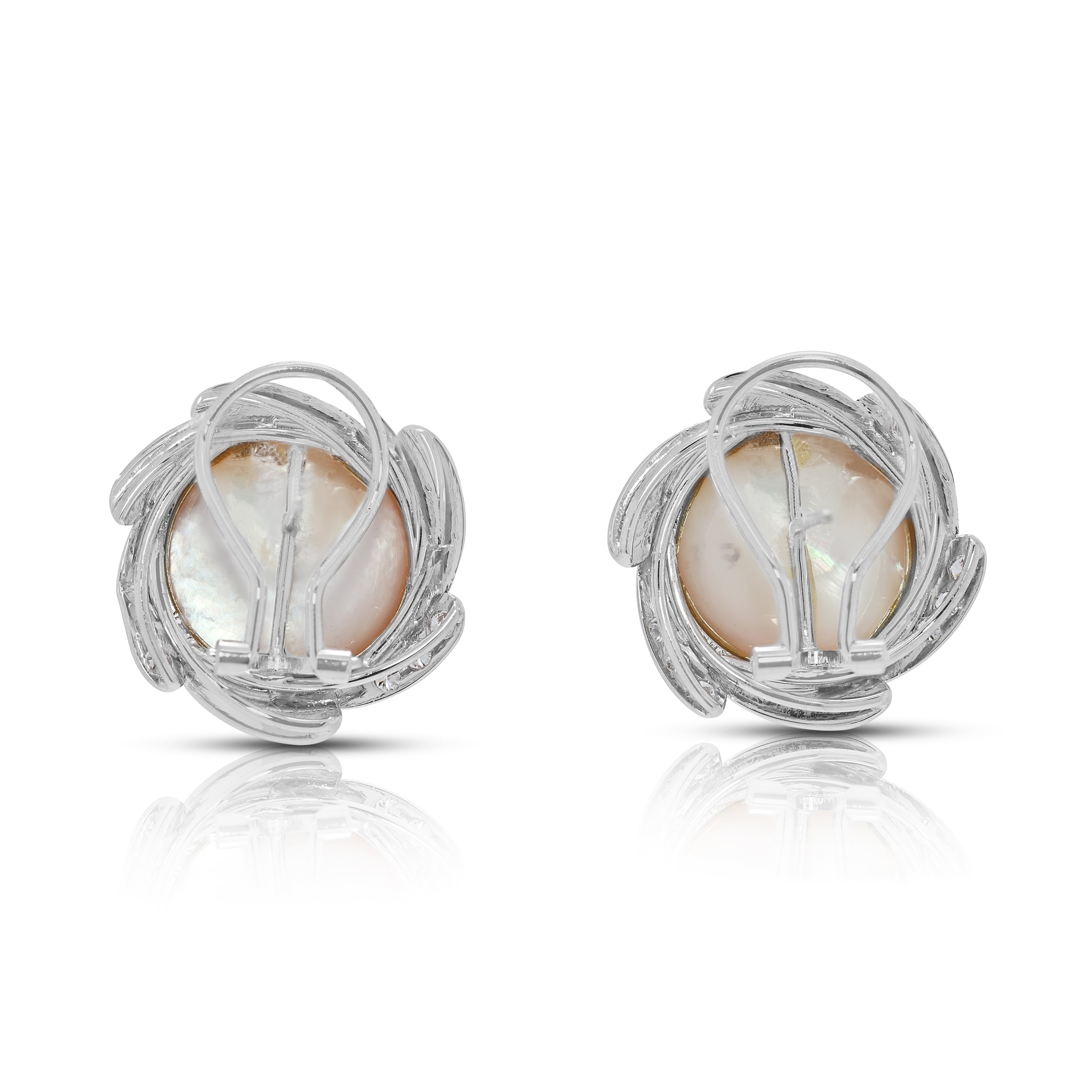 Glowing Champagne Mabe Pearl & 0.36ct Natural Diamond Earrings in 18K White Gold