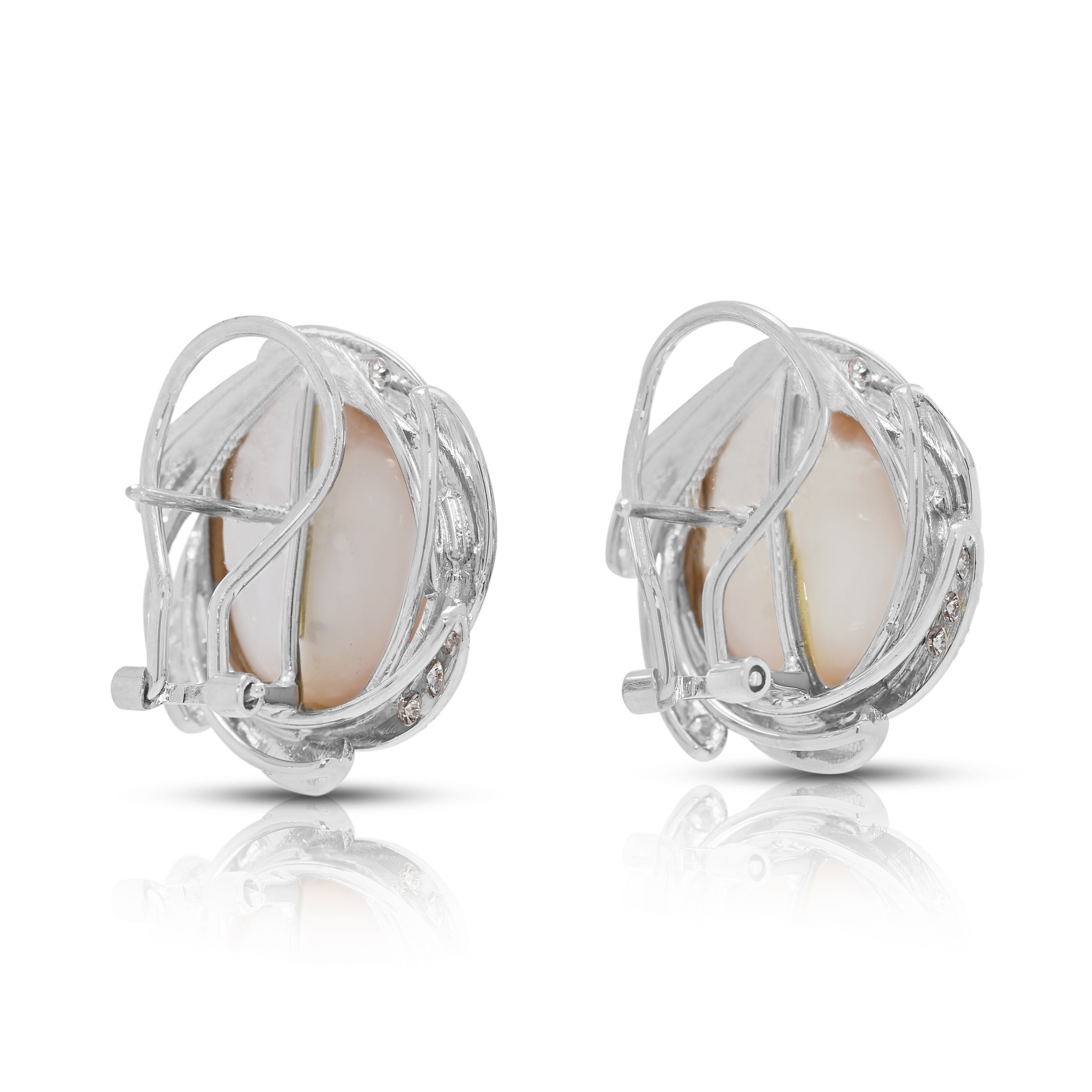 Glowing Champagne Mabe Pearl & 0.36ct Natural Diamond Earrings in 18K White Gold