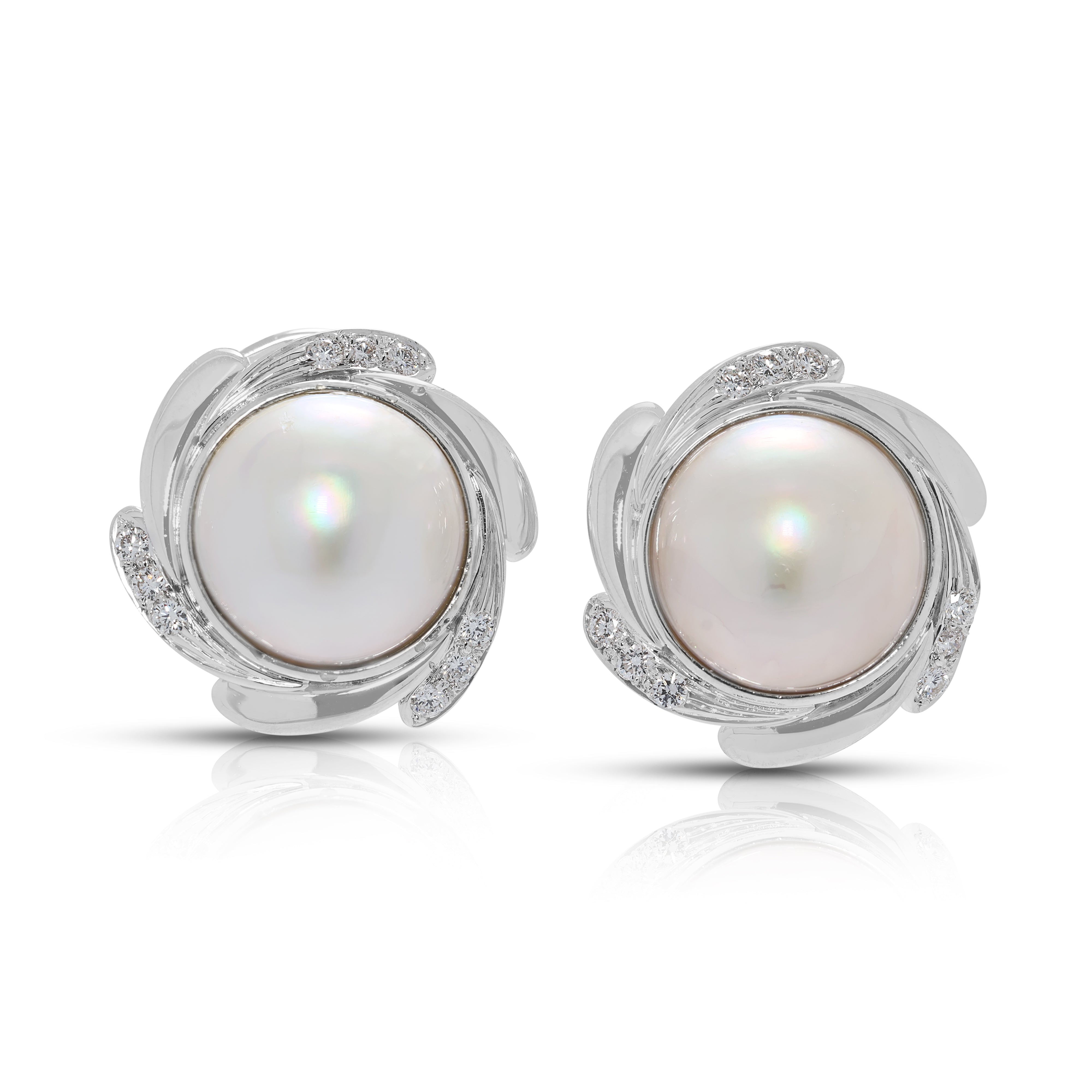 Glowing Champagne Mabe Pearl & 0.36ct Natural Diamond Earrings in 18K White Gold