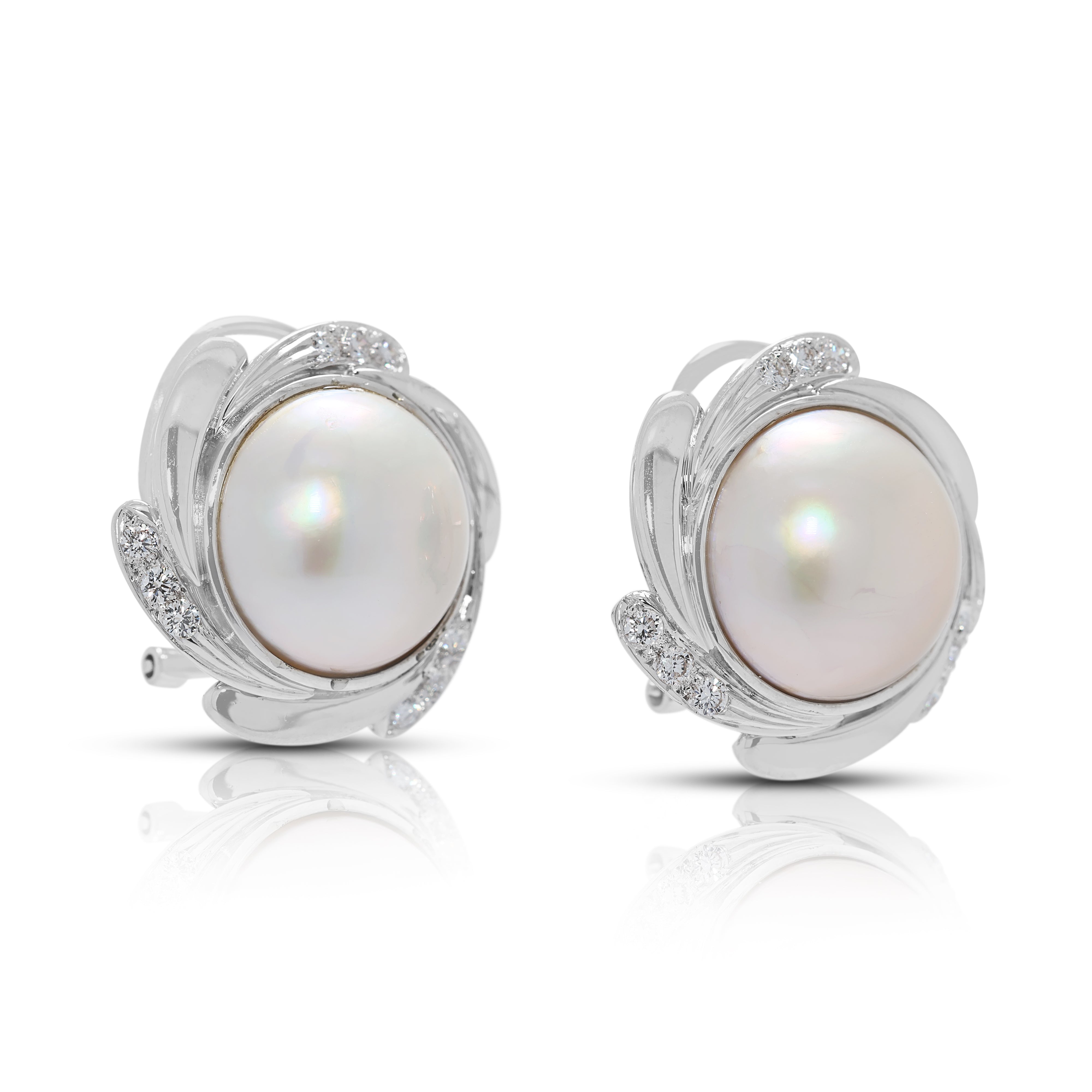 Glowing Champagne Mabe Pearl & 0.36ct Natural Diamond Earrings in 18K White Gold
