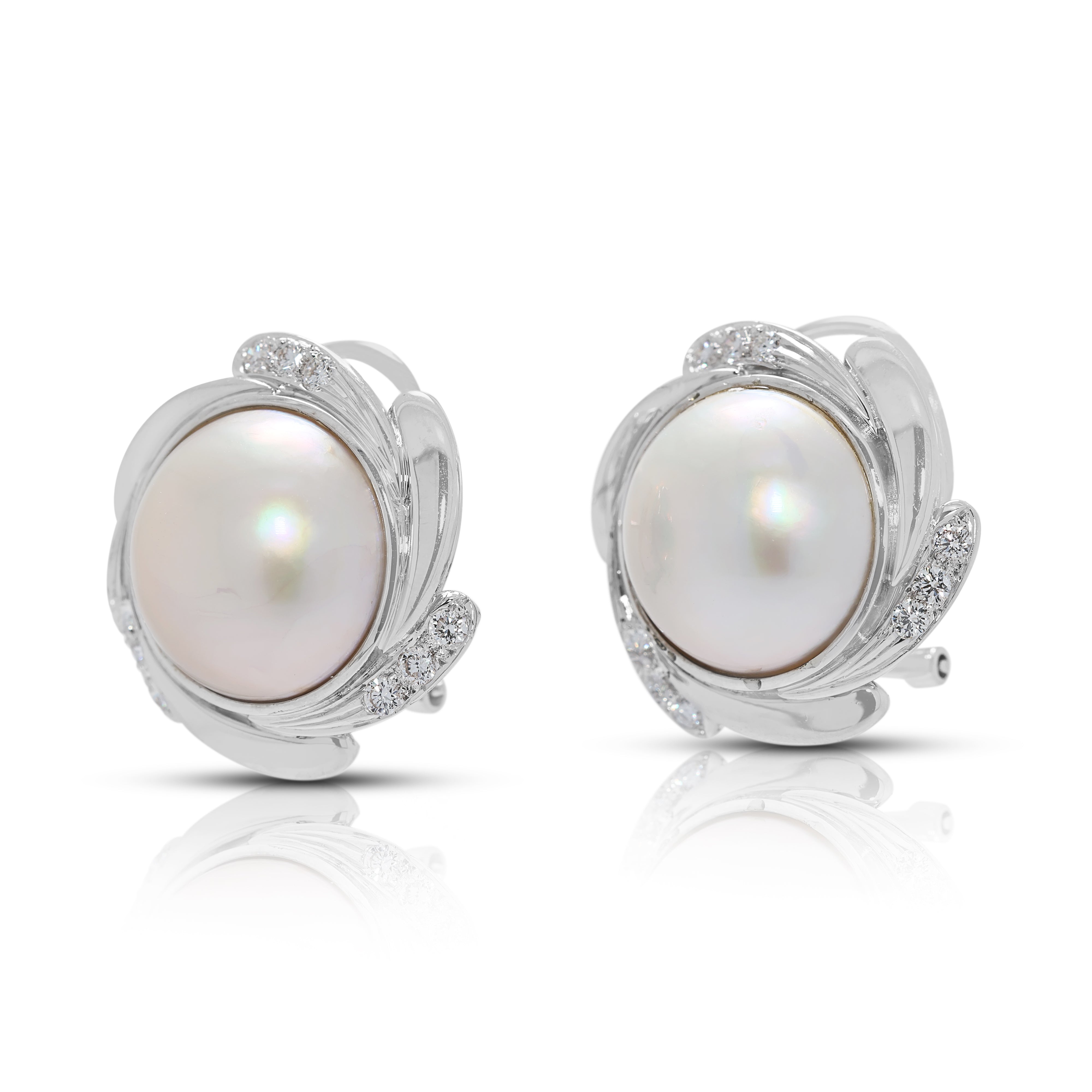 Glowing Champagne Mabe Pearl & 0.36ct Natural Diamond Earrings in 18K White Gold