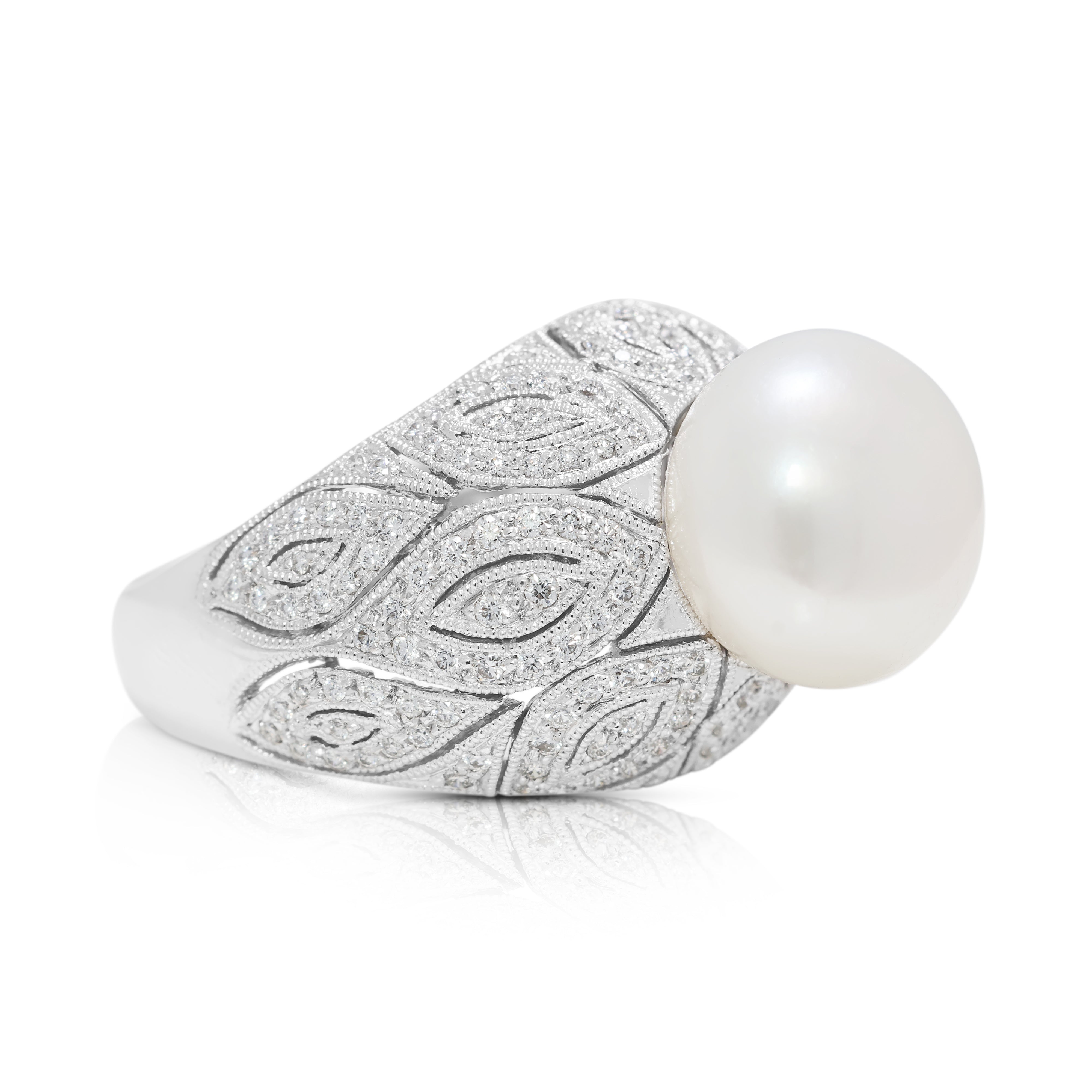 Luminous 11.6mm White Pearl & 0.36ct Natural Diamond Cocktail Ring in 18K White Gold