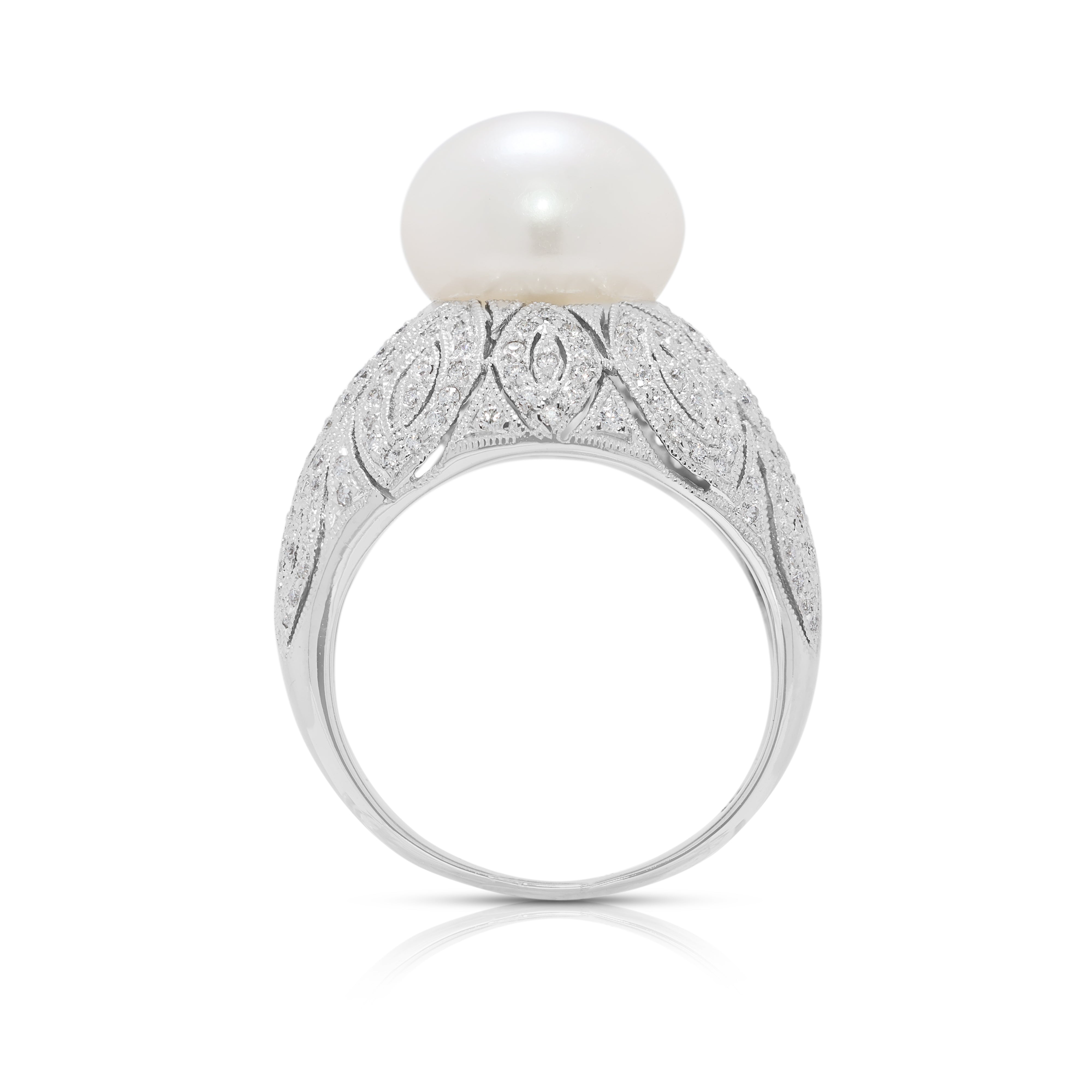 Luminous 11.6mm White Pearl & 0.36ct Natural Diamond Cocktail Ring in 18K White Gold