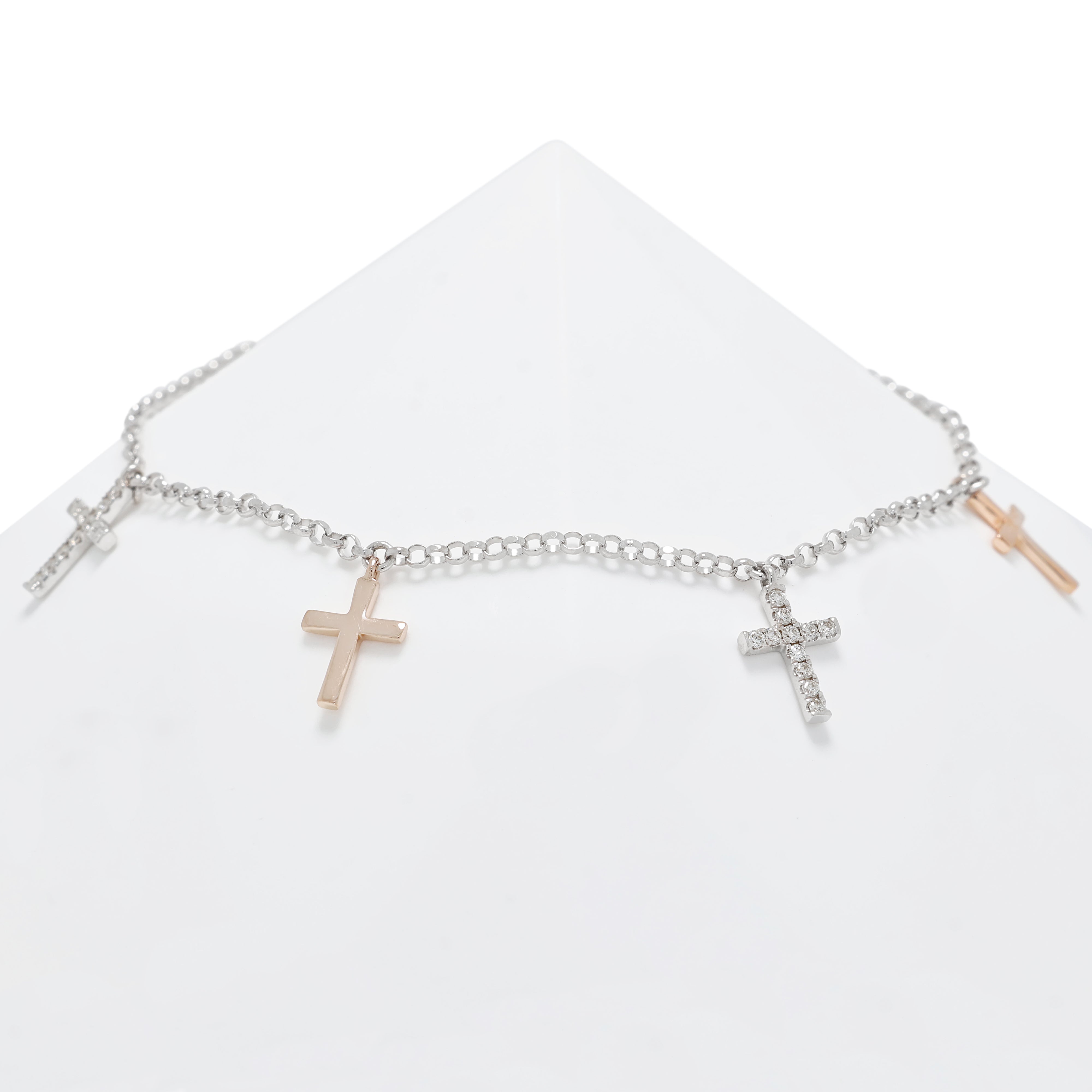 Exquisite 0.22ct Natural Diamond Cross Charm Bracelet in 14K Two-Tone Gold