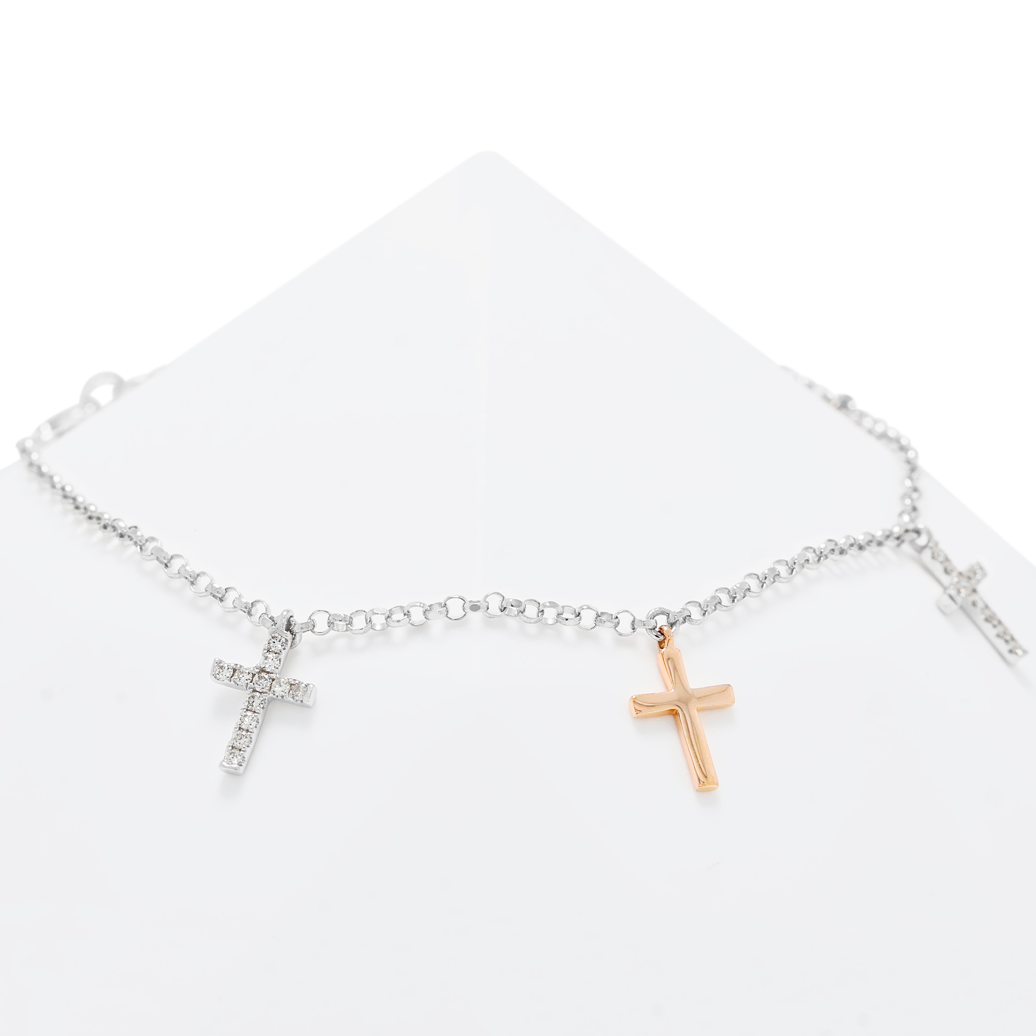 Exquisite 0.22ct Natural Diamond Cross Charm Bracelet in 14K Two-Tone Gold