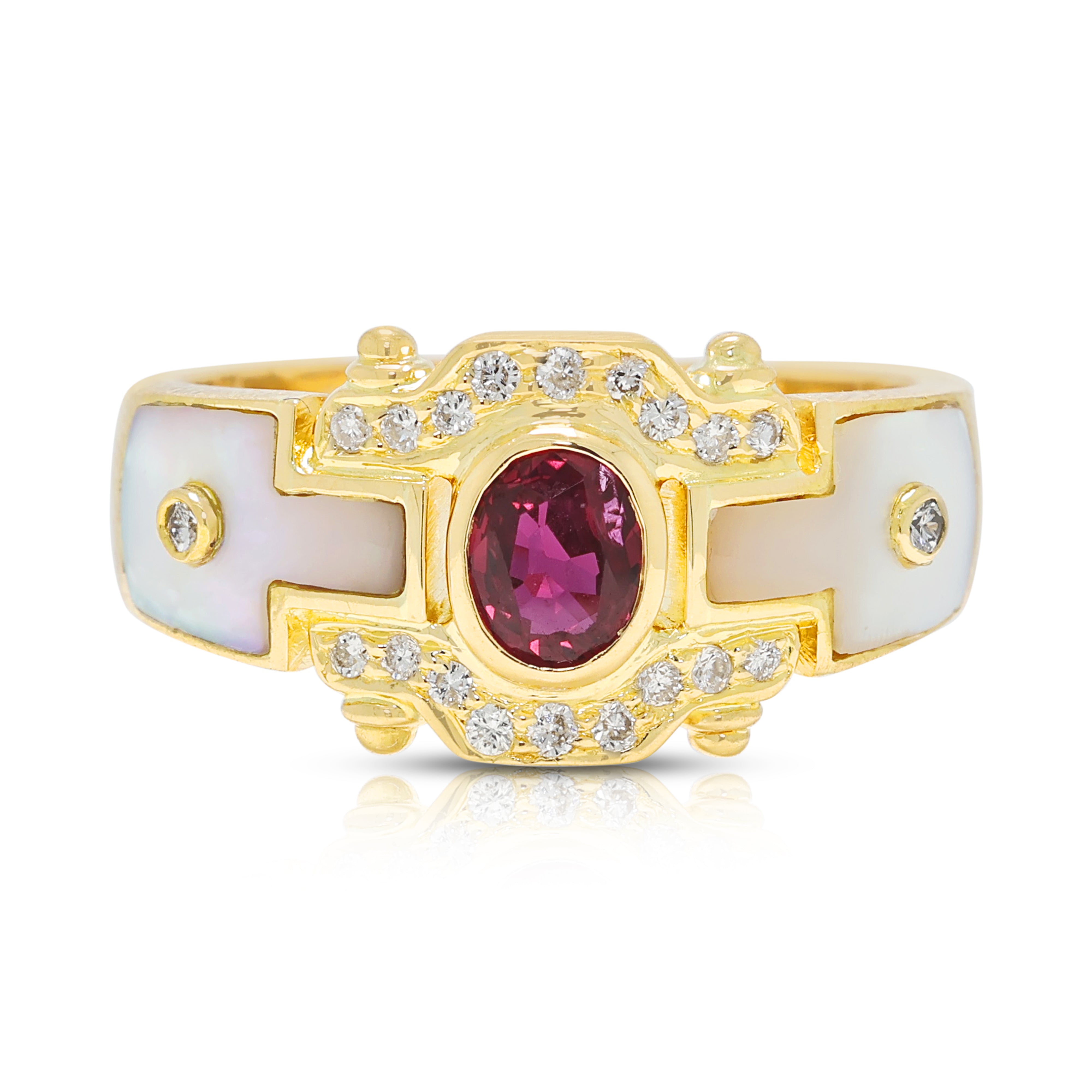 Gorgeous 0.21ct Ruby, 0.20ct Natural Diamond and Mother of Pearl Ring in 18K Yellow Gold
