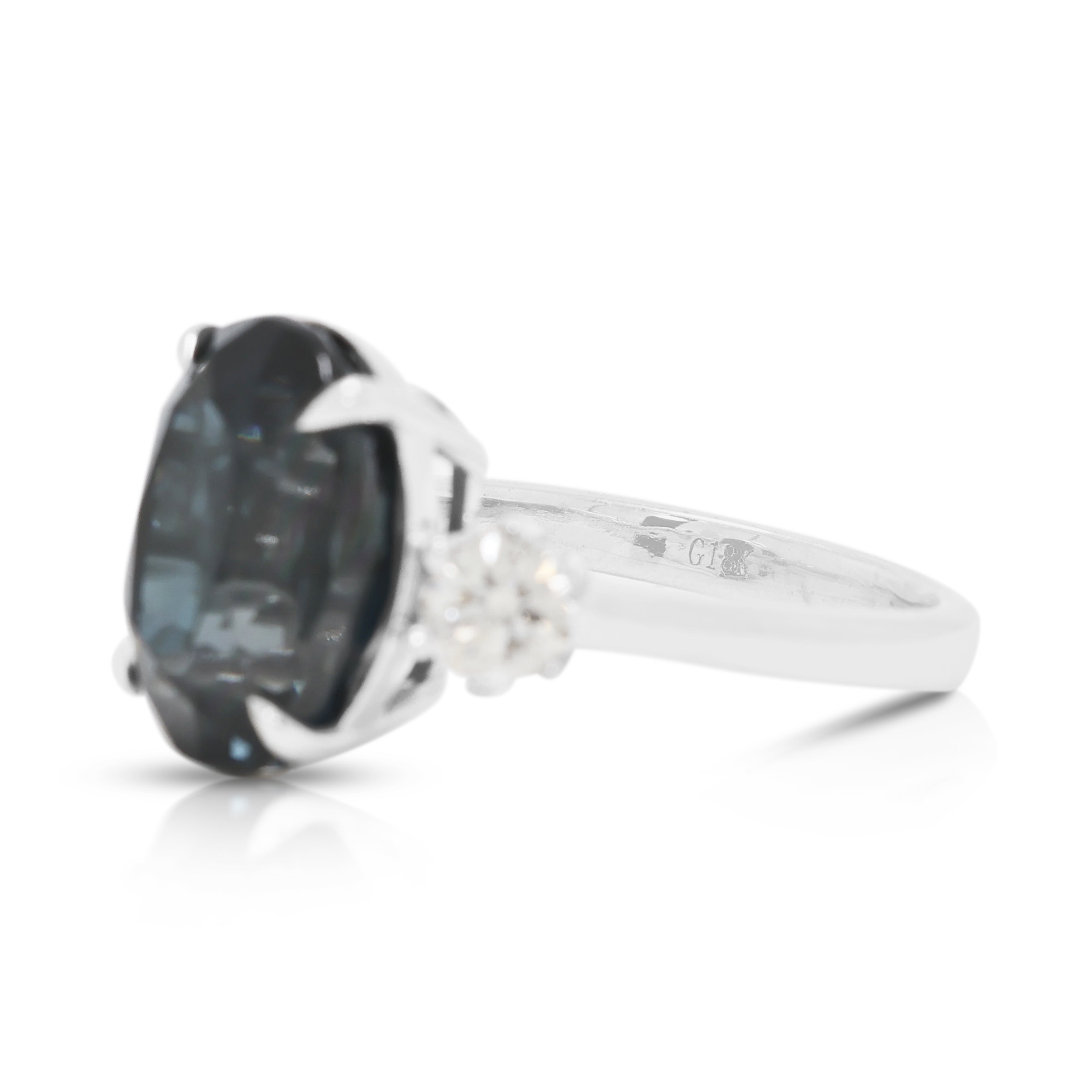 Striking 6.00ct Blue Topaz and 0.36ct Natural Diamond Three-Stone Ring in 18K White Gold