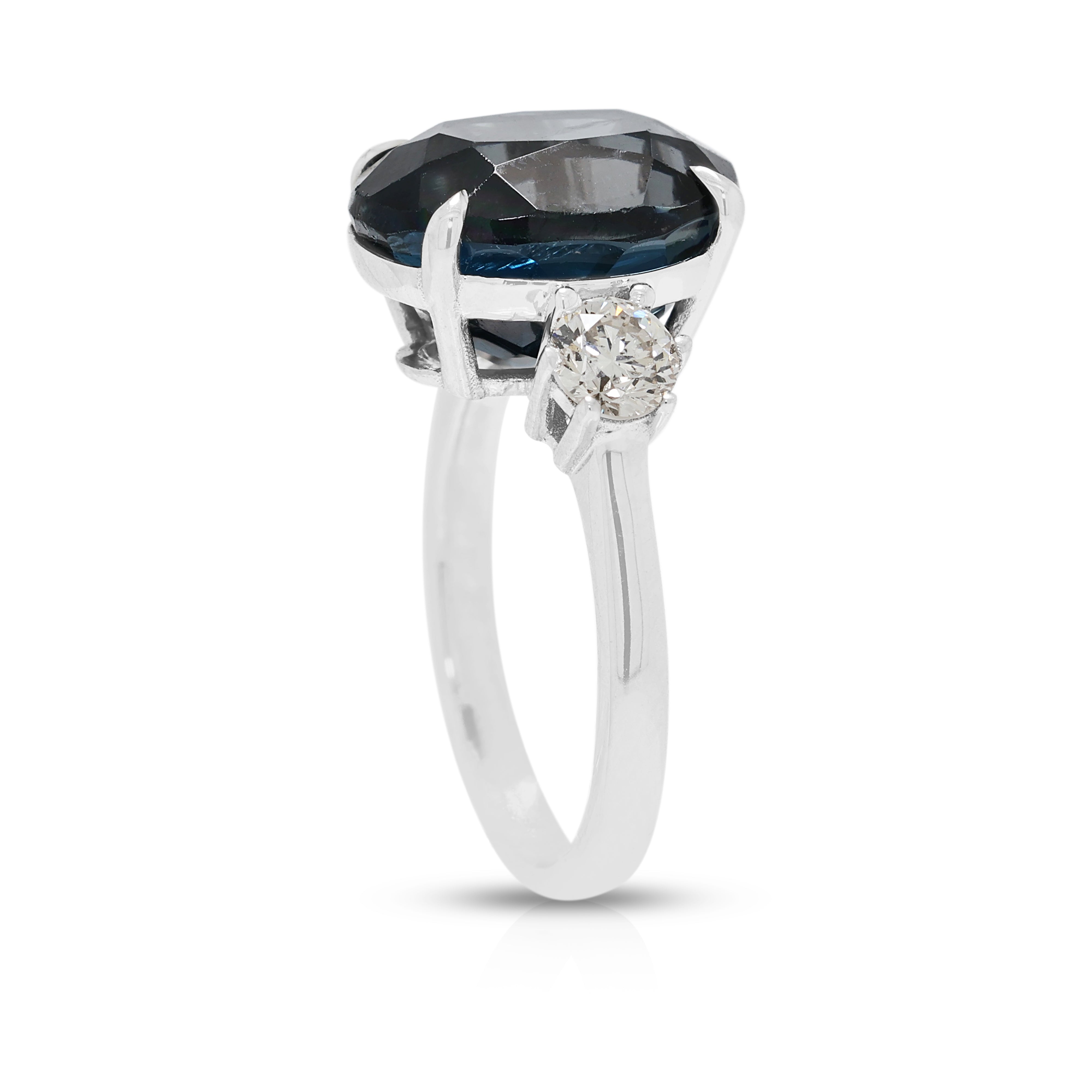 Striking 6.00ct Blue Topaz and 0.36ct Natural Diamond Three-Stone Ring in 18K White Gold