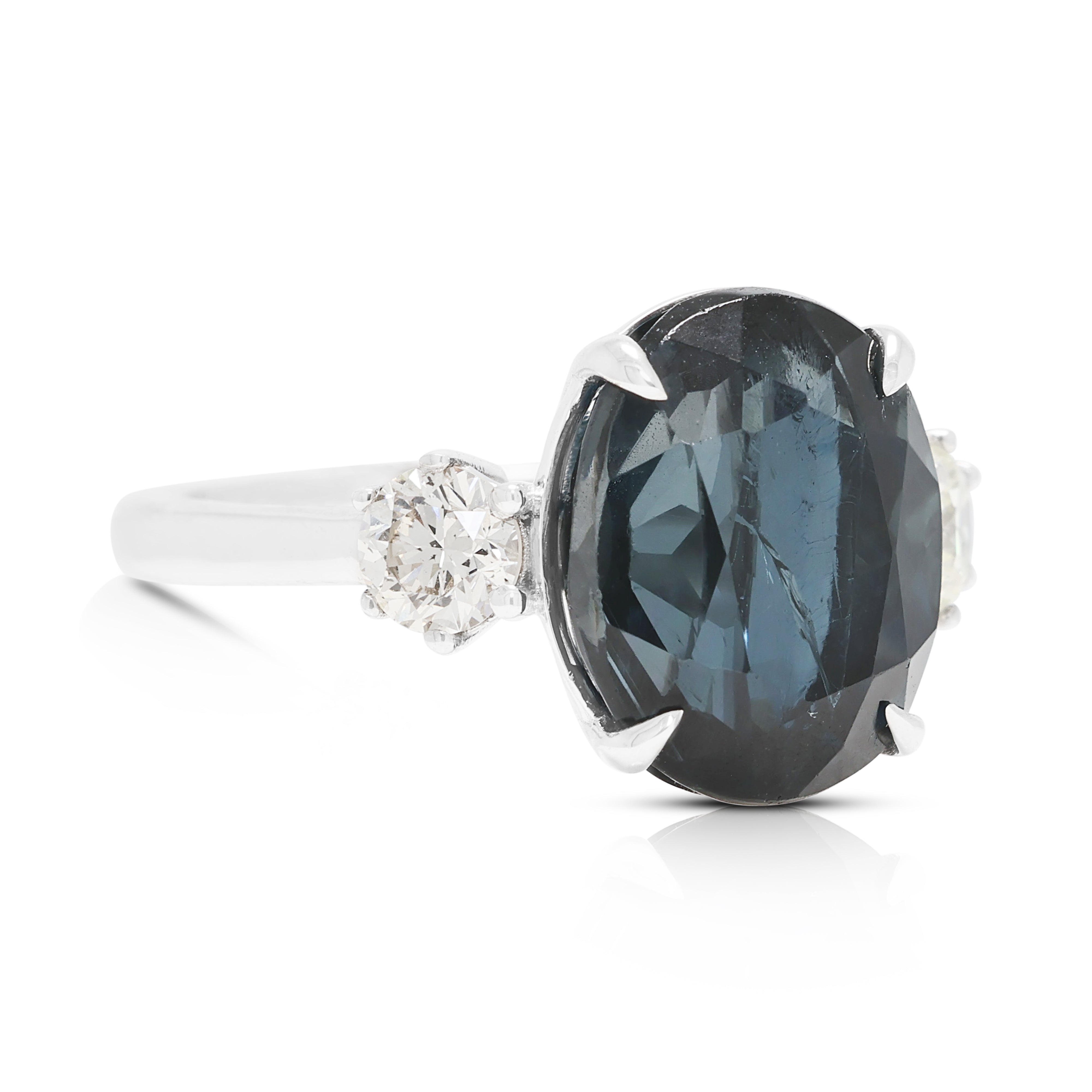 Striking 6.00ct Blue Topaz and 0.36ct Natural Diamond Three-Stone Ring in 18K White Gold
