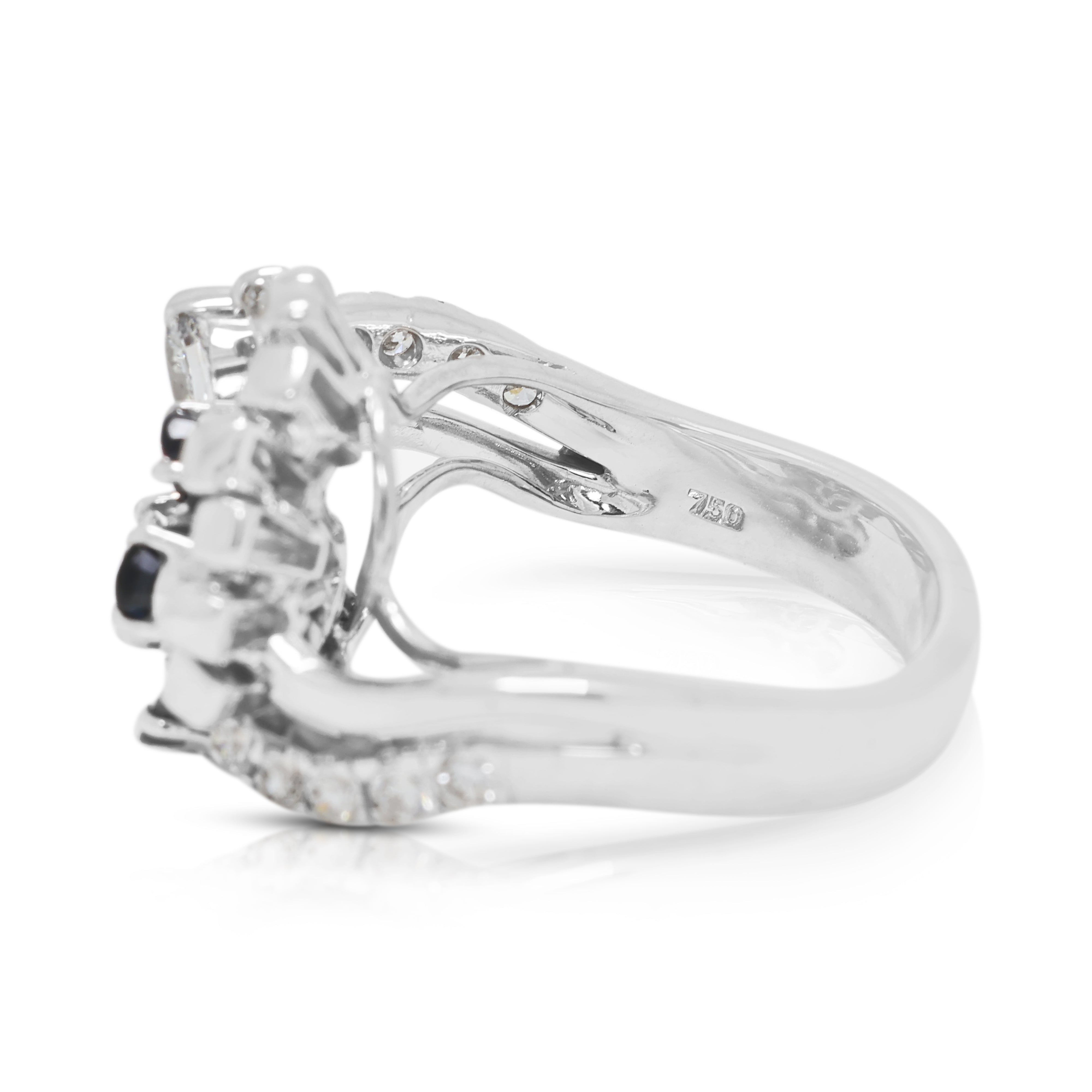 Opulent 0.66ct Sapphire and 0.62ct Natural Diamond Spray Ring in 18K White Gold