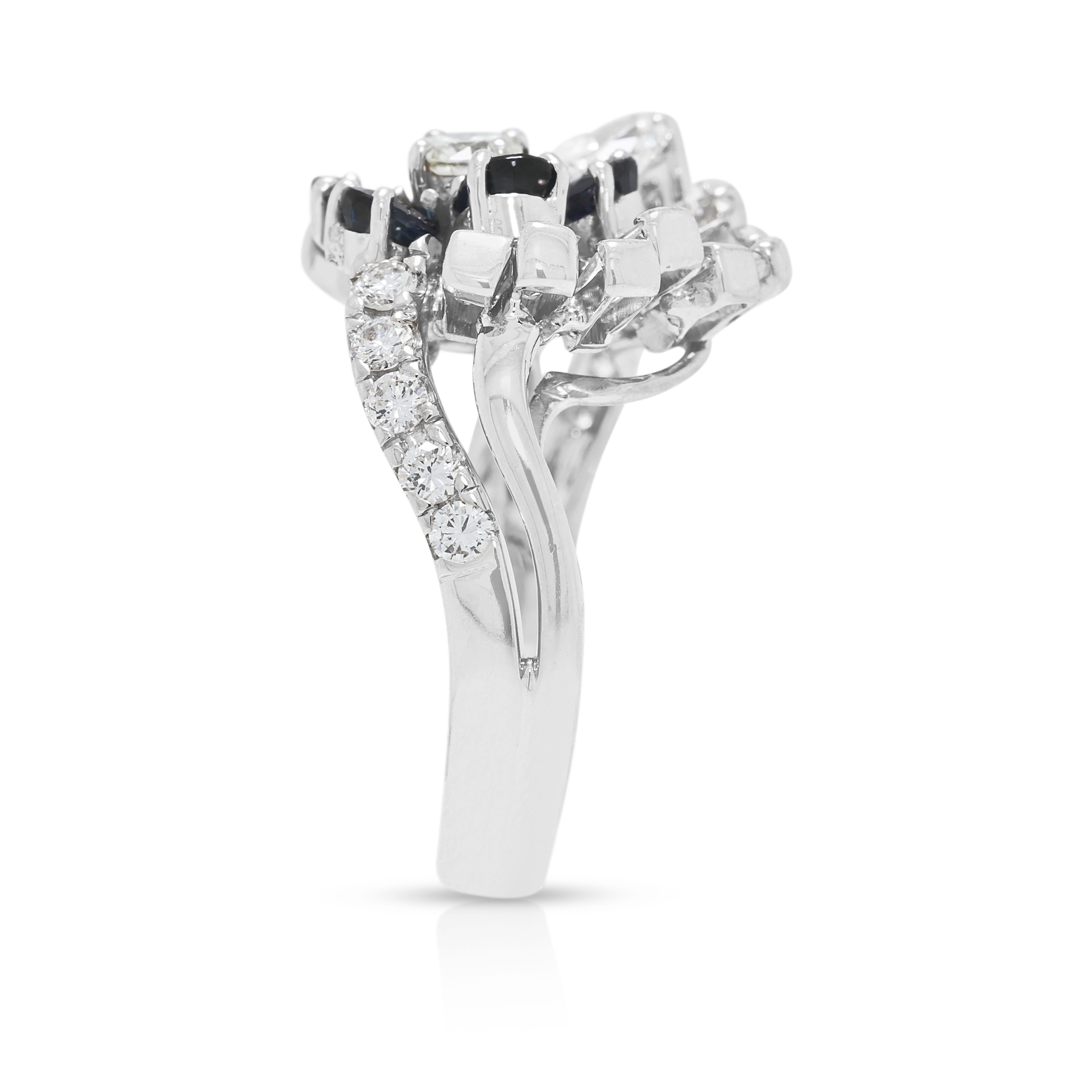 Opulent 0.66ct Sapphire and 0.62ct Natural Diamond Spray Ring in 18K White Gold