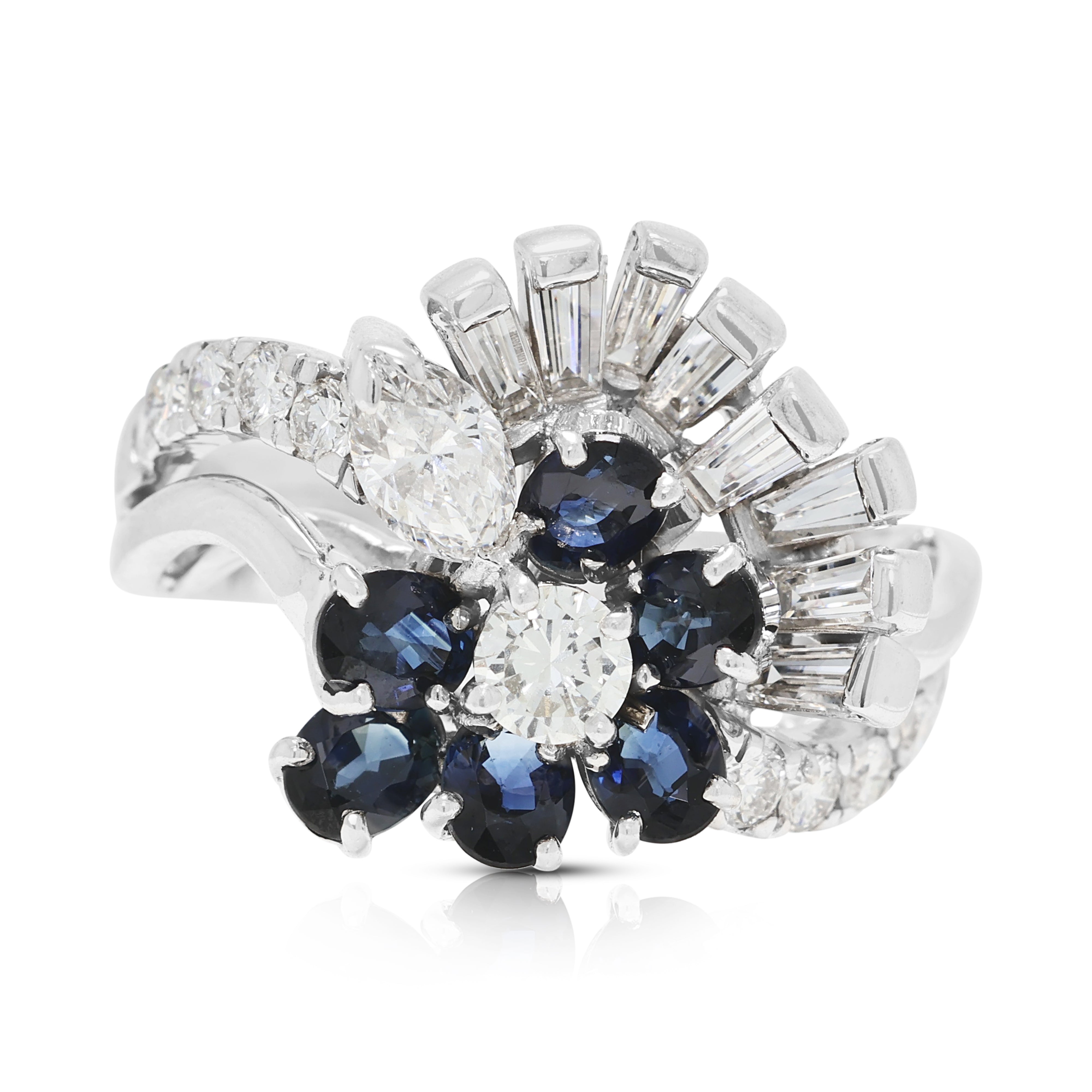 Opulent 0.66ct Sapphire and 0.62ct Natural Diamond Spray Ring in 18K White Gold