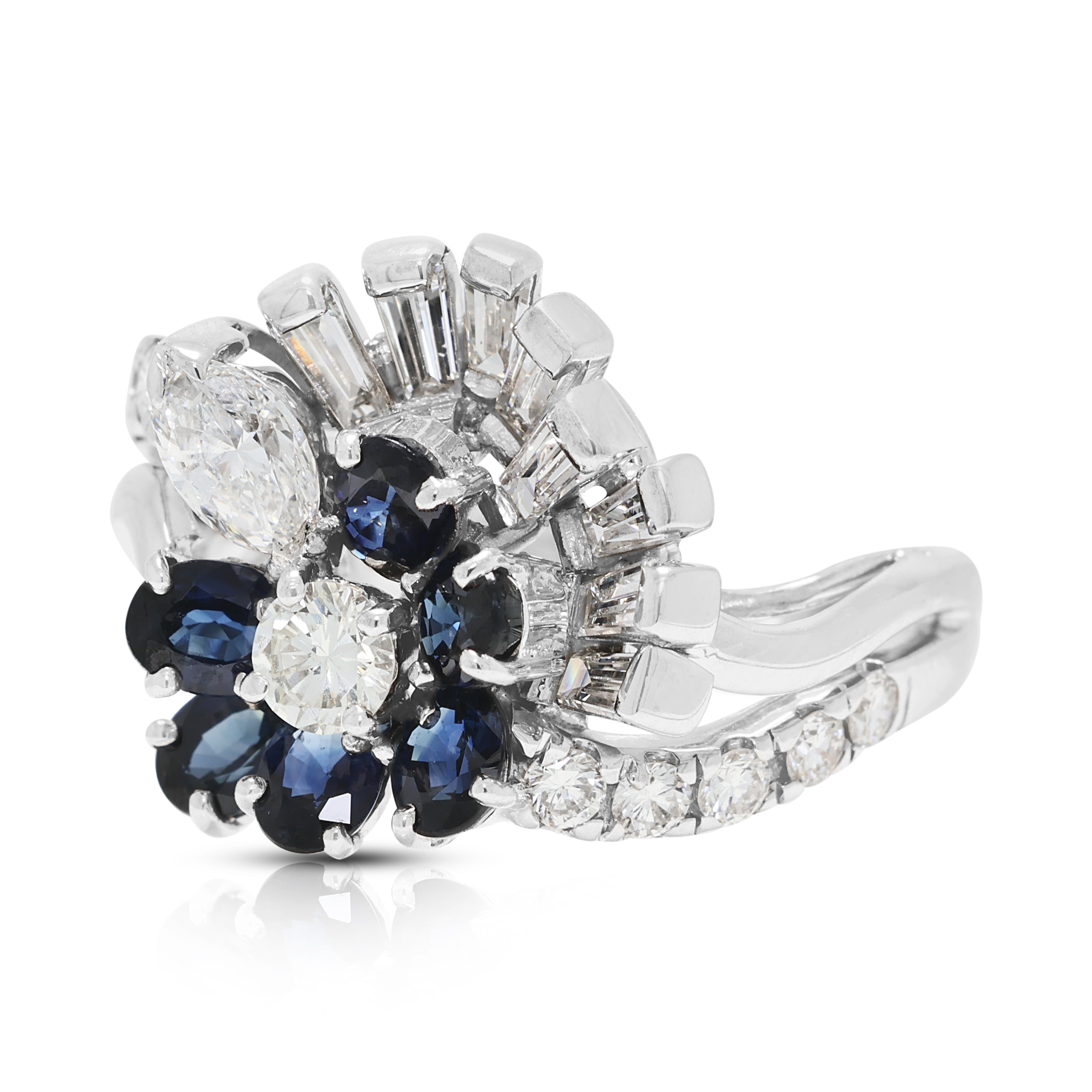 Opulent 0.66ct Sapphire and 0.62ct Natural Diamond Spray Ring in 18K White Gold