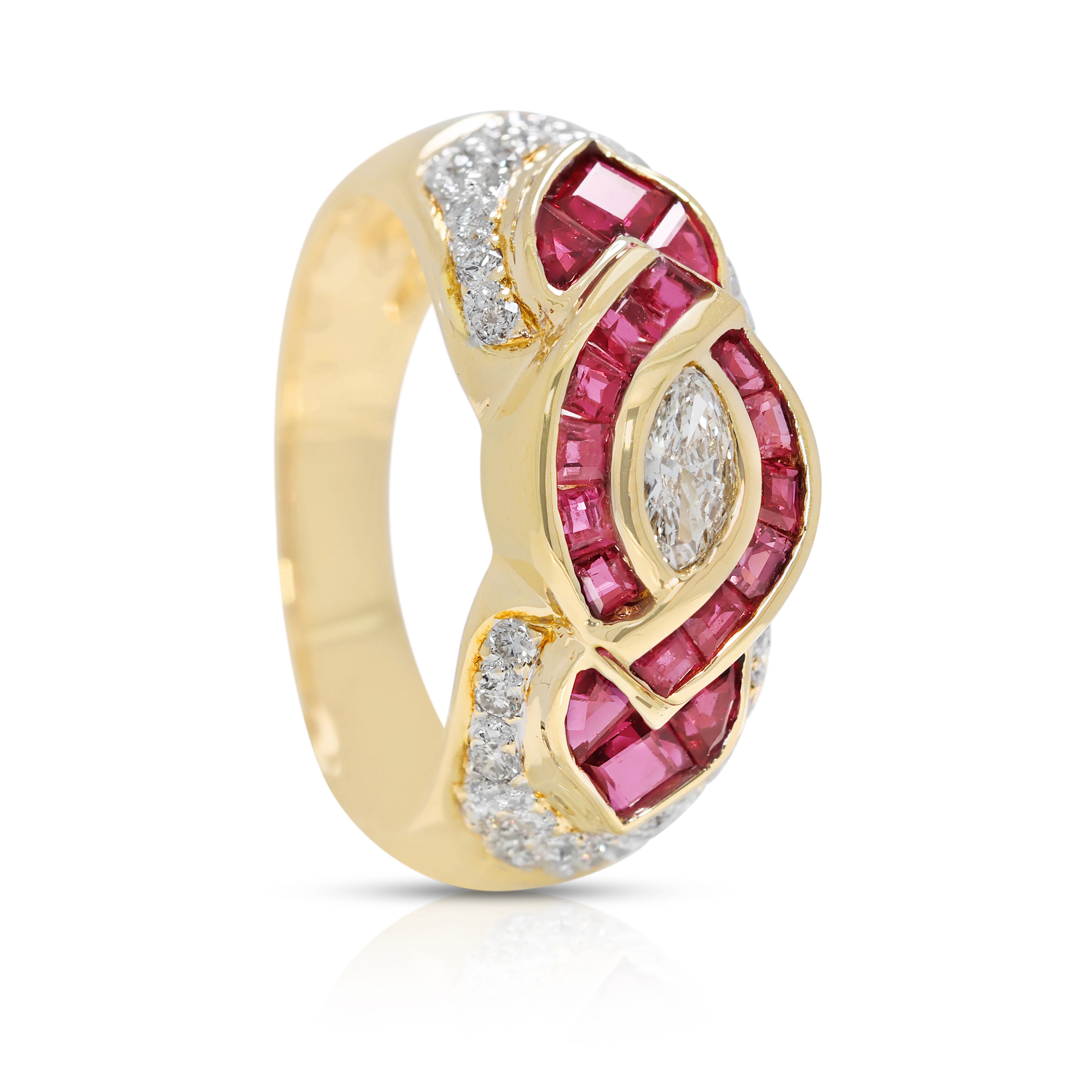 Intricate 0.7ct Infinity-Style Ruby & Natural Diamond Ring in 18K Yellow Gold by Larry Jewellery