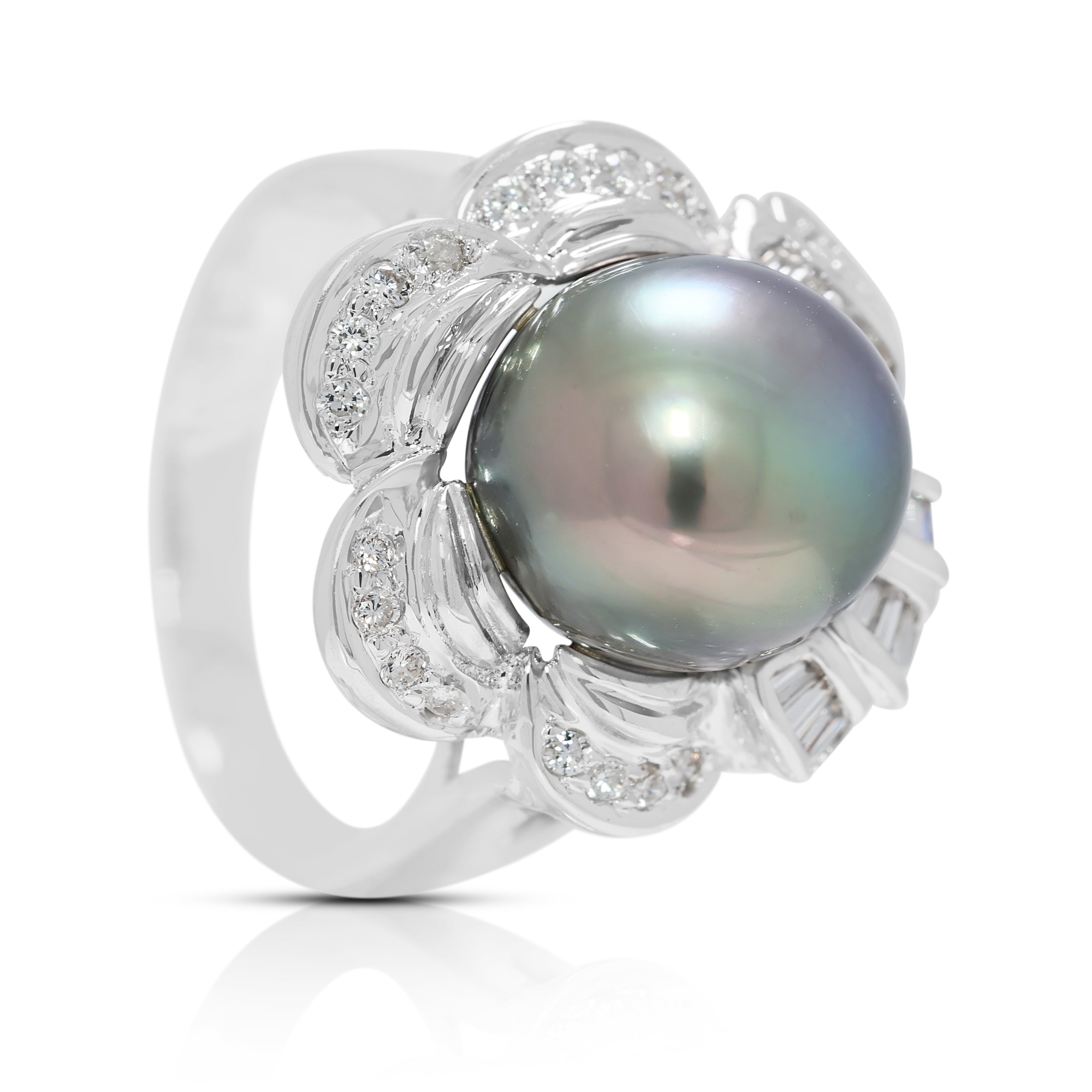 Floral-Inspired Tahitian Pearl & 0.43ct Natural Diamond Ring in 18K White Gold (New)