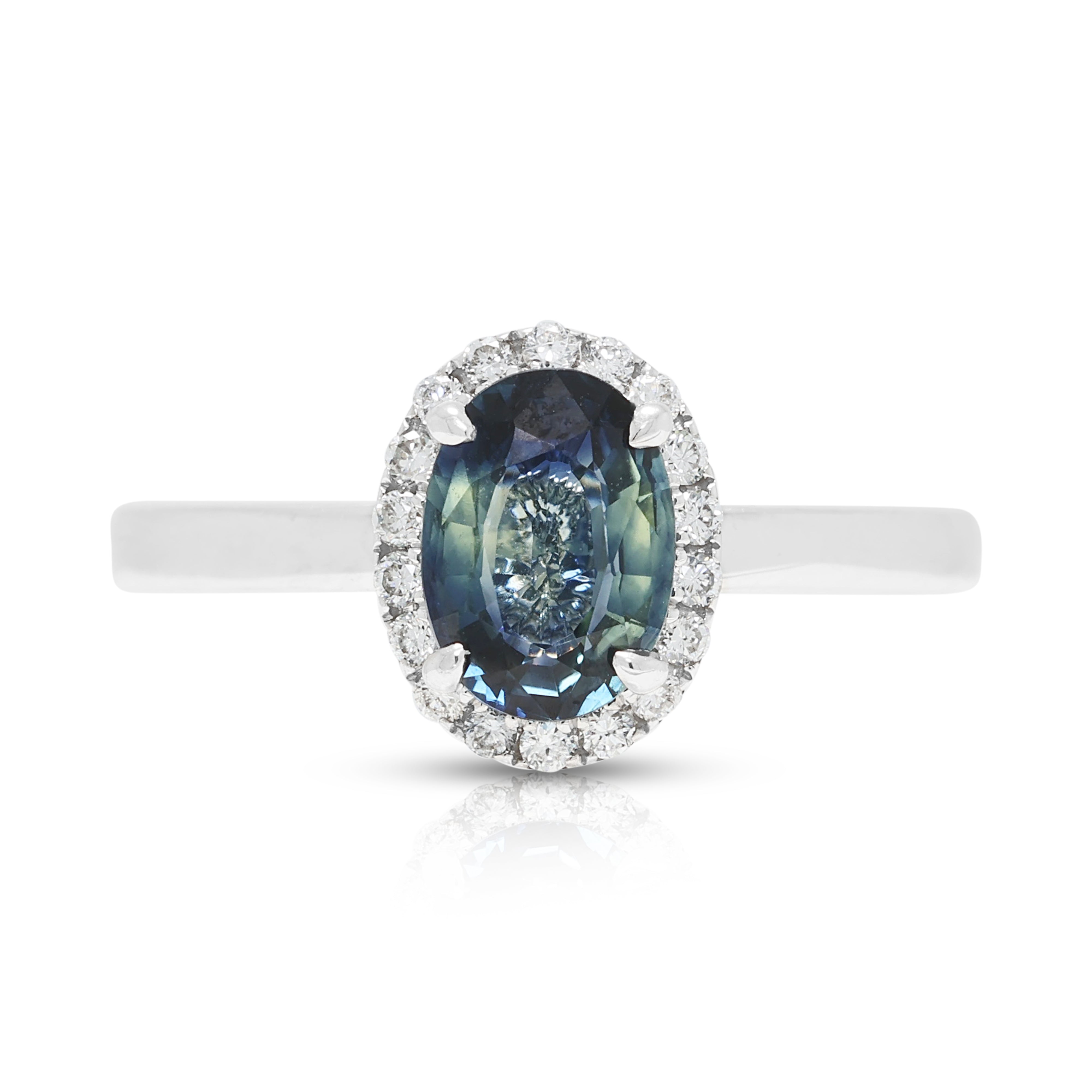 Mesmerizing 1.04ct Greenish Blue Sapphire and 0.09ct Natural Diamond Halo Ring in 18K White Gold - ICL Certified